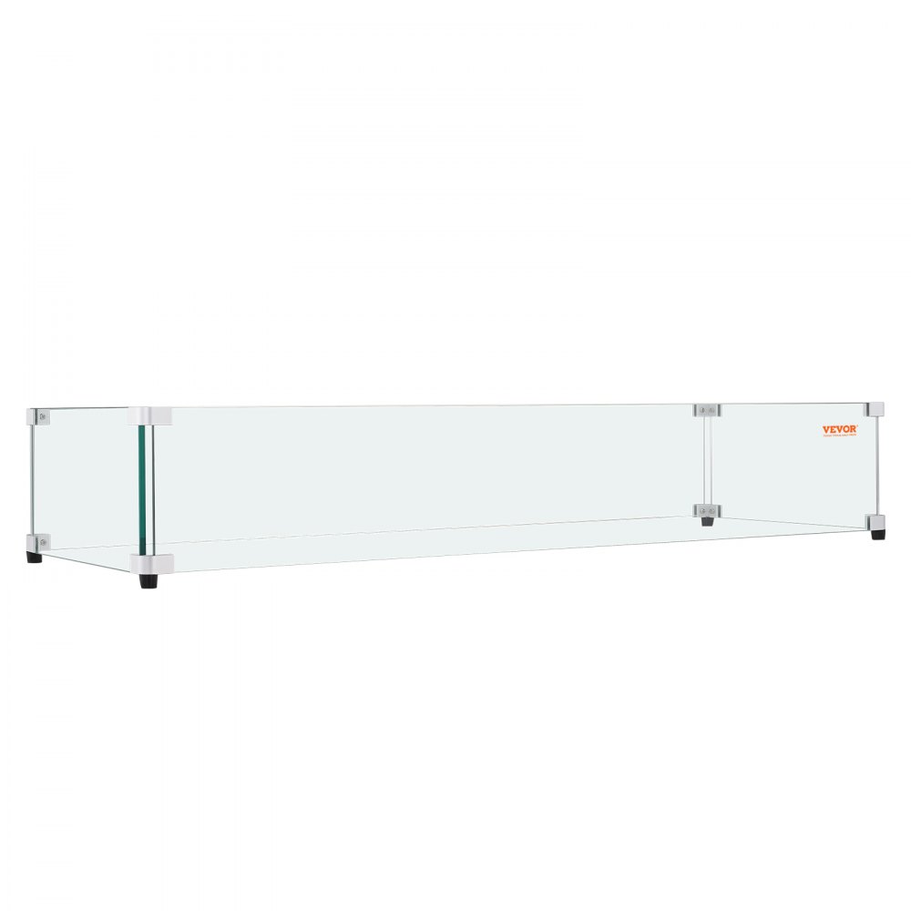 Protector contra el viento de vidrio VEVOR con conectores de metal, paneles de vidrio transparente y patas de goma protectoras.