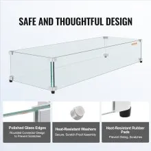 VEVOR Protector de viento de vidrio para mesa de fogata rectangular de 29 x 13 x 6,5 pulgadas, panel de vidrio templado resistente de 0,31 pulgadas de espesor con soporte de esquina de aluminio duro y patas de goma, fácil de ensamblar