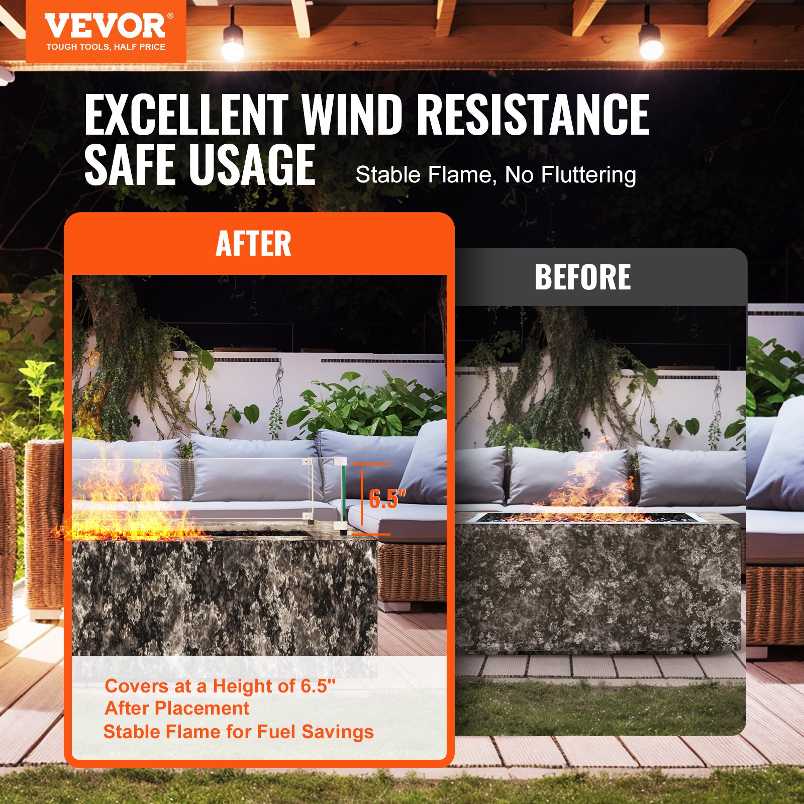 Protector de viento de vidrio VEVOR que muestra una altura de 6,5 pulgadas para una llama estable en un patio al aire libre.