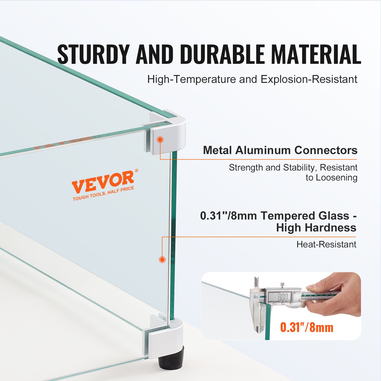 Protector de viento de vidrio VEVOR con conectores de aluminio metálico y vidrio templado de 0,31&quot;/8 mm; resistente y duradero.