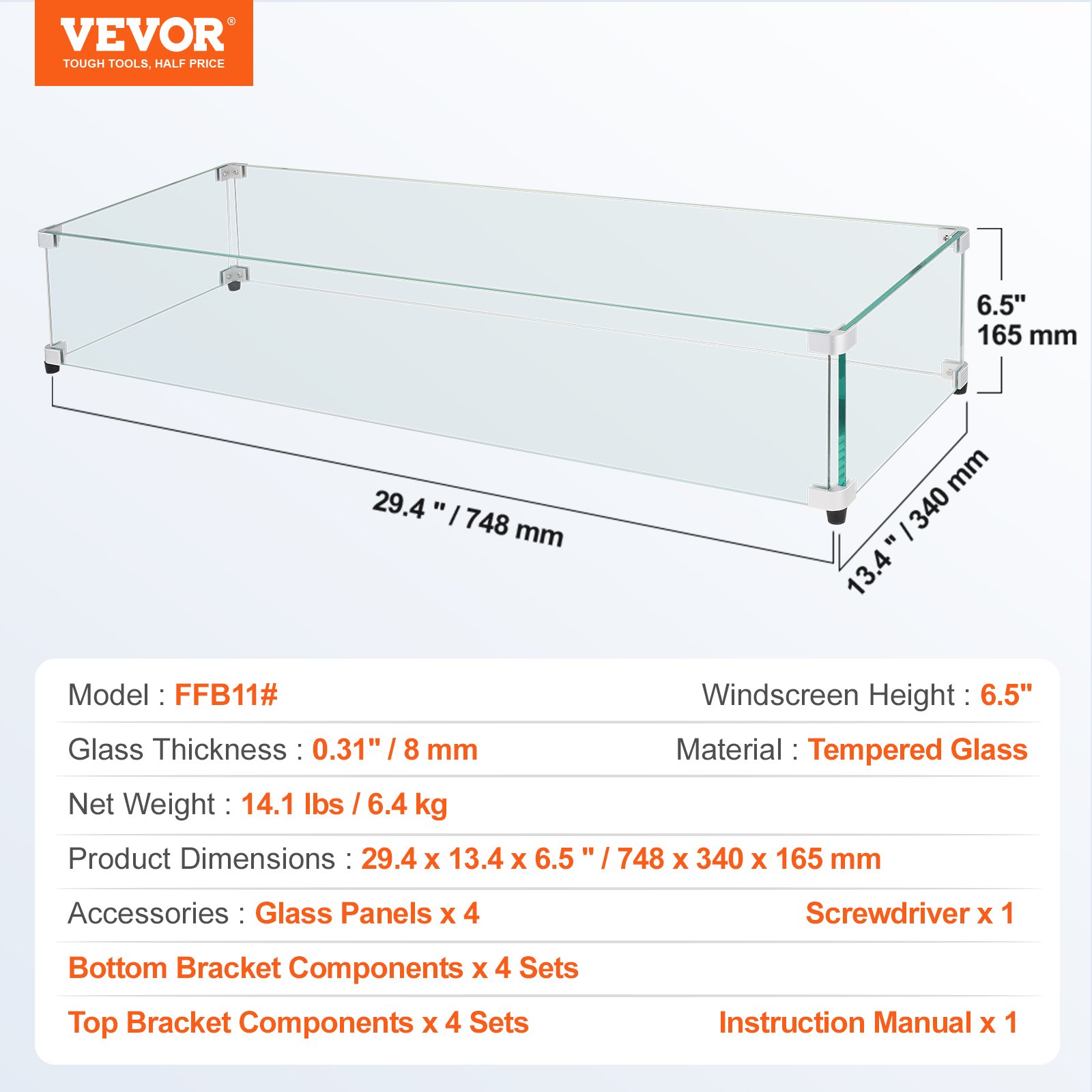 Protector de viento de vidrio VEVOR: paneles de vidrio templado de 6,5&quot;, 29,4&quot; x 13,4&quot;, soportes resistentes, incluye destornillador.