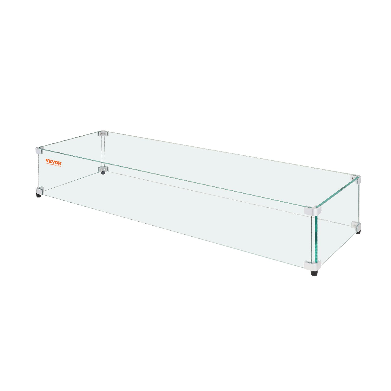 Protector contra el viento de vidrio VEVOR con paneles transparentes y soportes de metal para fogatas y mesas al aire libre.