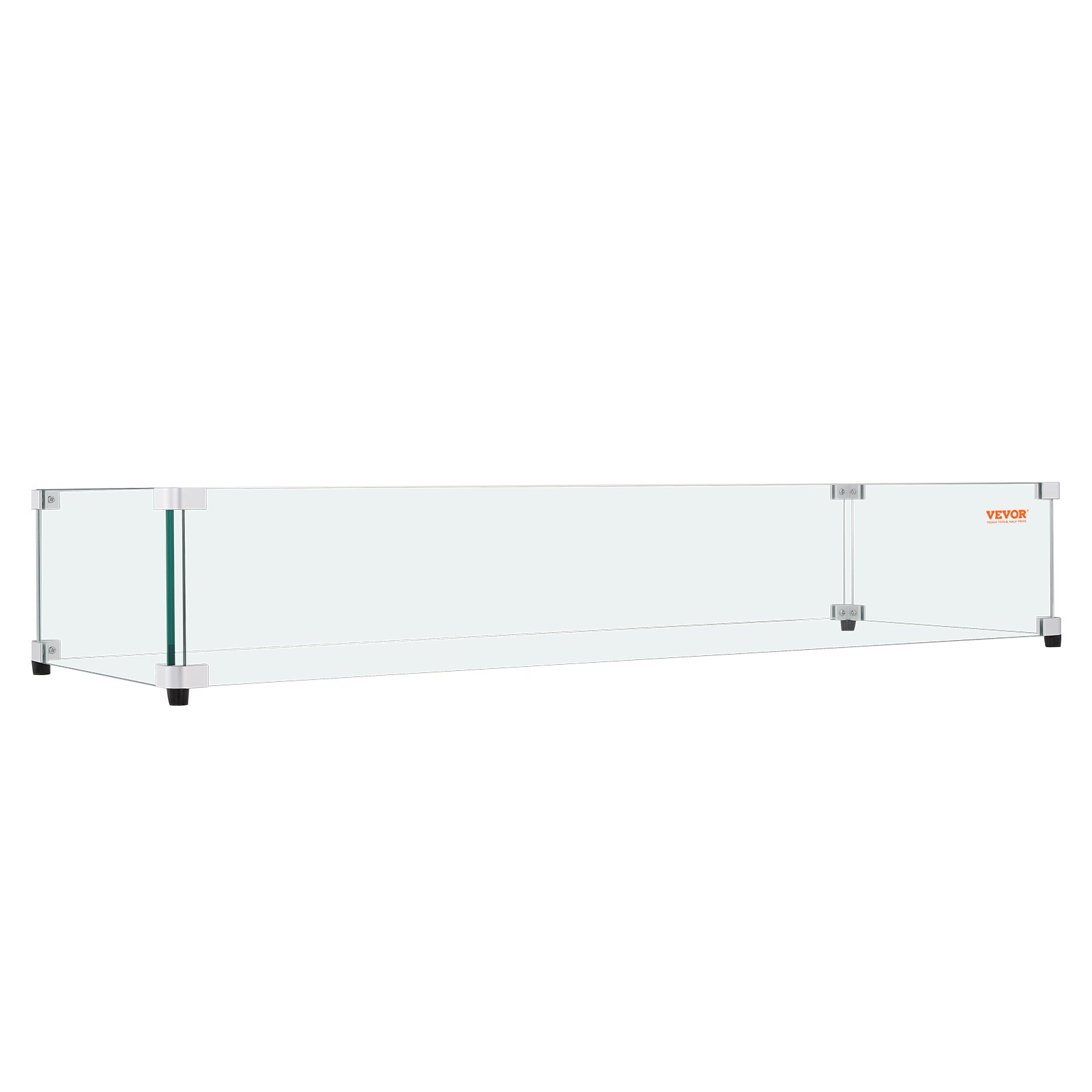 Protector contra el viento de vidrio VEVOR con conectores de metal, paneles de vidrio transparente y patas de goma protectoras.