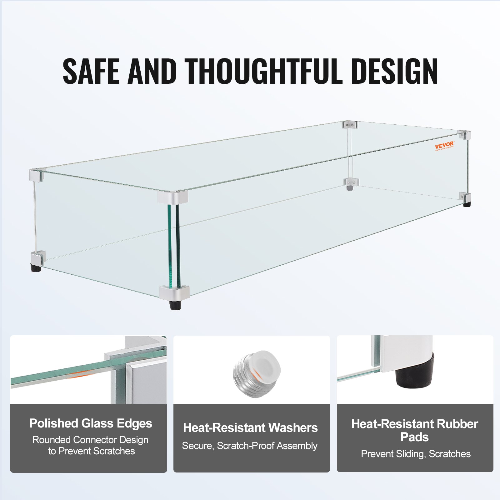 VEVOR - Protector de viento de vidrio para mesa de fogata rectangular (74 x 33 x 16,5 cm), panel de vidrio templado resistente de 0,8 cm de grosor con soporte de esquina de aluminio duro y patas de goma, fácil de montar.