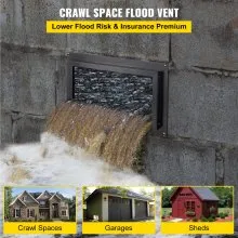Ventilación de inundación VEVOR, ventilación de inundación de base de 8" de alto x 16" de ancho, para reducir el daño de la base y el riesgo de inundación, negro, ventilación de inundación montada en la pared, para espacios de arrastre, garajes y recintos de altura completa