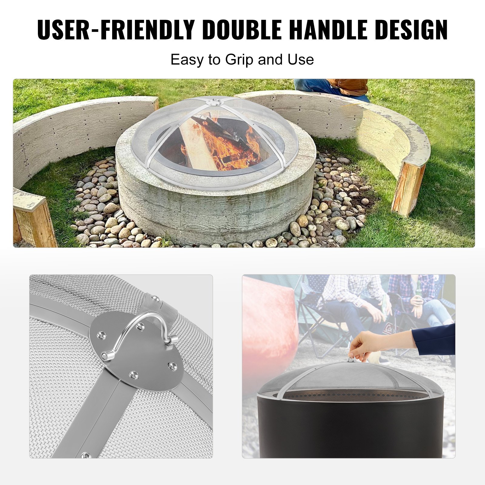 VEVOR Pantalla redonda para hogueras de 36 pulgadas, cubierta de metal de acero reforzado resistente, tapa para hogueras al aire libre, cubiertas superiores de fácil apertura redondas con mango de anillo para patio al aire libre, hogueras, patio trasero