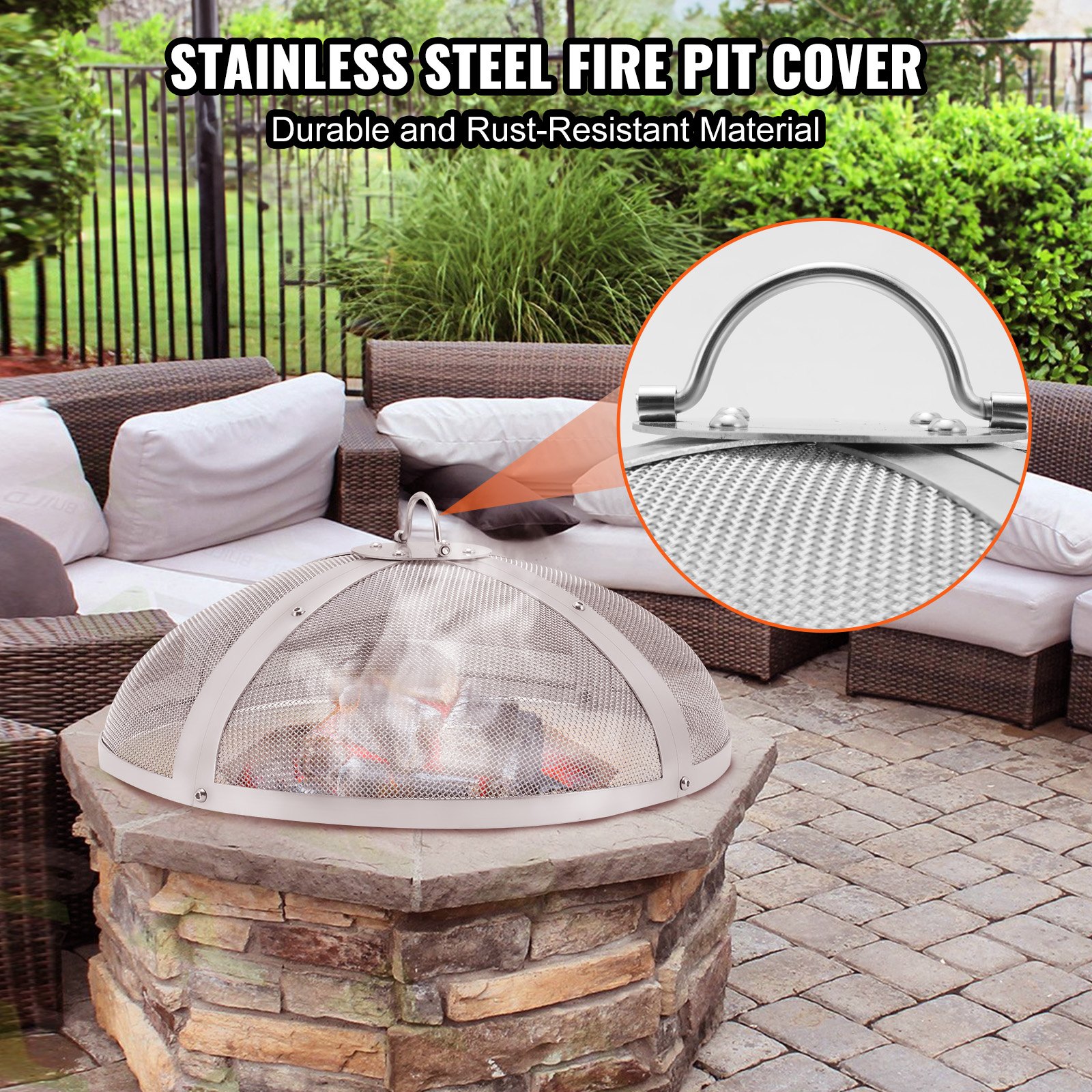 VEVOR Pantalla redonda para hogueras de 20.0 in, cubierta de metal de acero reforzado resistente, tapa para hogueras al aire libre, cubiertas superiores de fácil apertura redondas con mango de anillo para patio al aire libre, hogueras, patio trasero