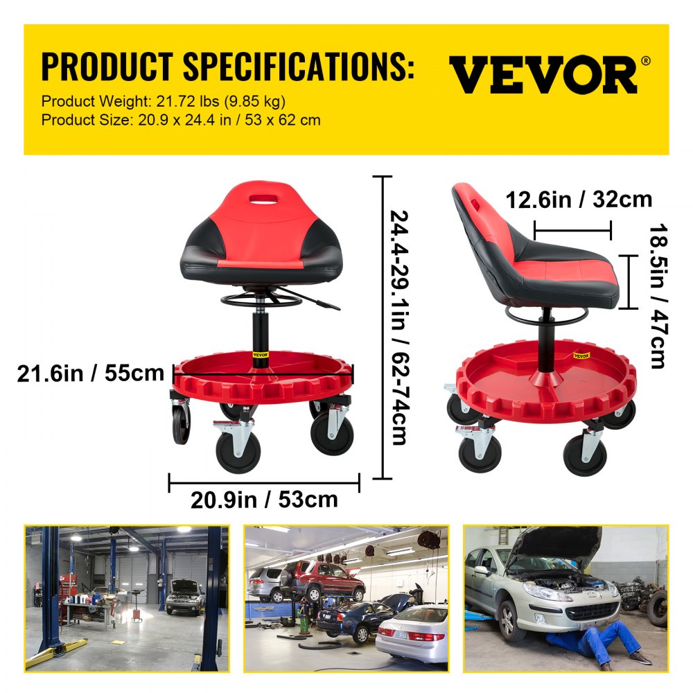 Especificaciones del asiento con mecanismo rodante VEVOR con dimensiones y escenas de reparación de automóviles.