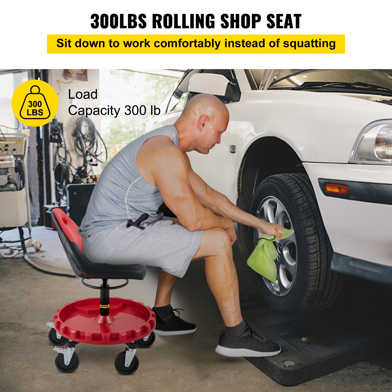 Asiento rodante VEVOR en uso para mantenimiento de automóviles con capacidad de carga de 300 lb.