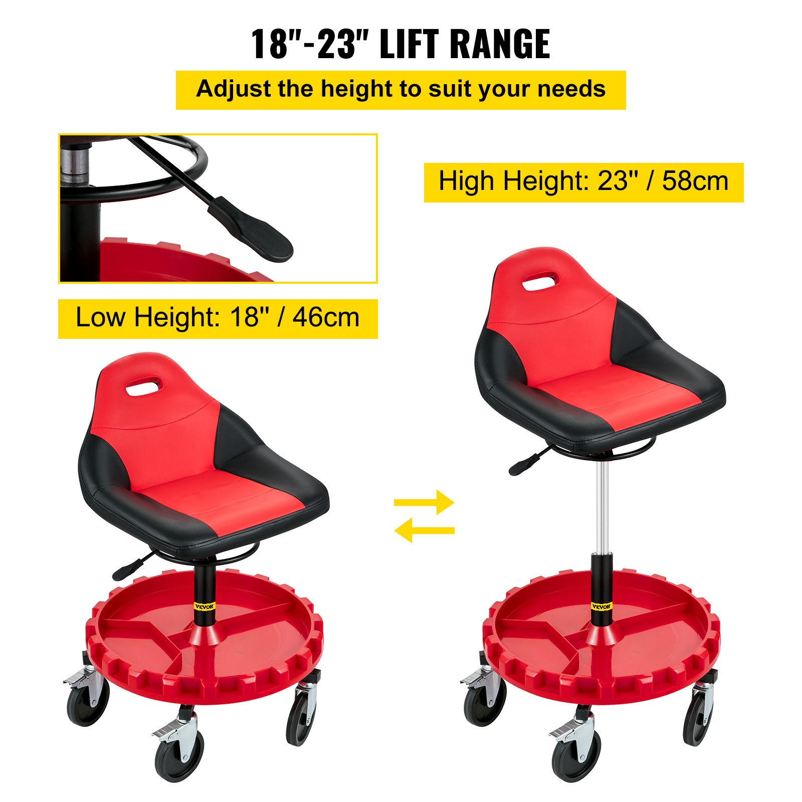 Asiento con ruedas VEVOR con altura ajustable de 18&quot; a 23&quot;.