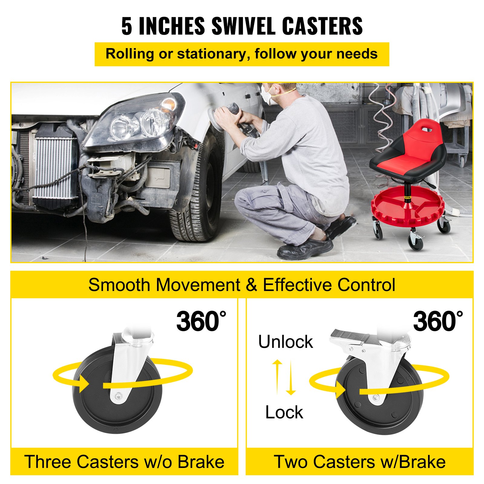 Mecánico que utiliza asiento con ruedas VEVOR con ruedas giratorias de 5 pulgadas para un movimiento suave.