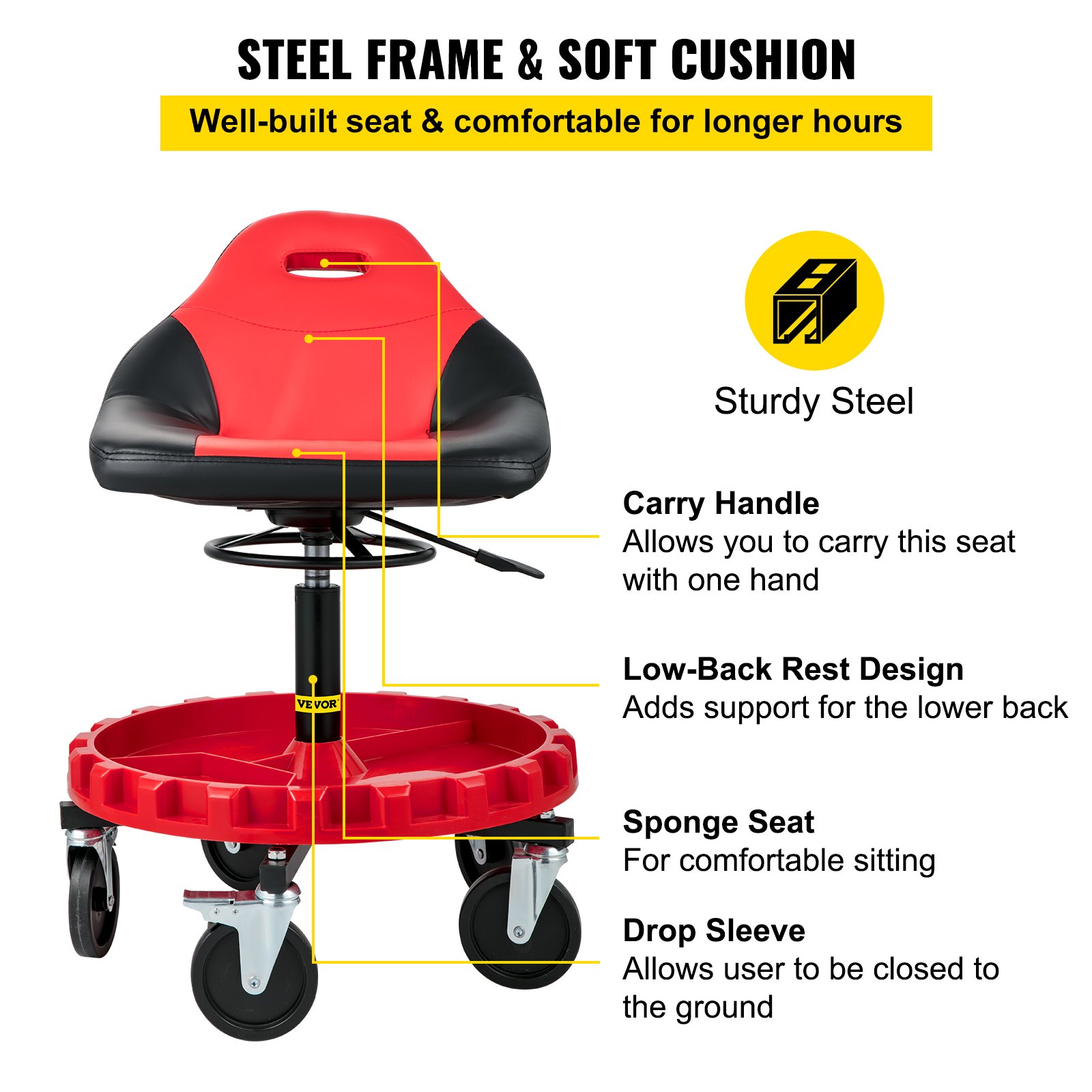 Asiento con ruedas VEVOR con estructura de acero resistente, asiento de esponja y asa de transporte.