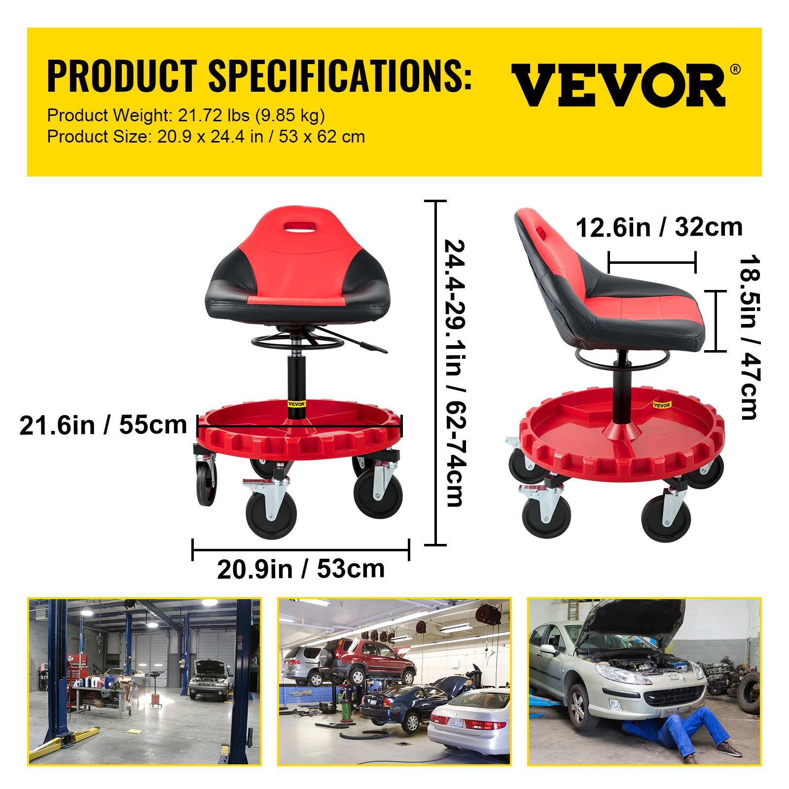Especificaciones del asiento con mecanismo rodante VEVOR con dimensiones y escenas de reparación de automóviles.