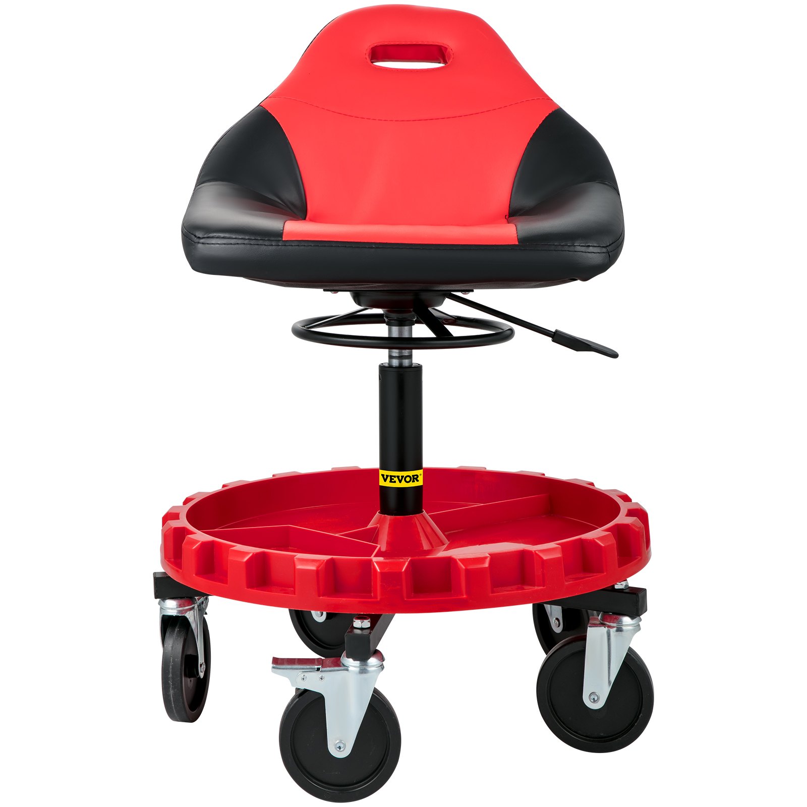 Asiento con ruedas VEVOR rojo y negro con altura ajustable y ruedas giratorias.