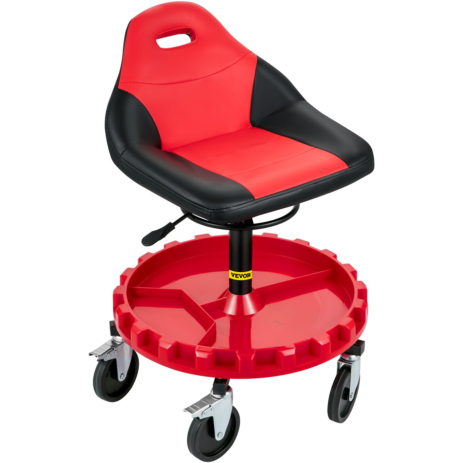 Asiento con ruedas VEVOR rojo y negro con bandeja y ruedas giratorias.