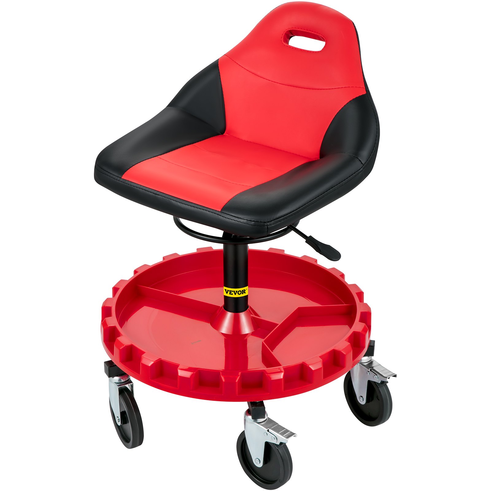 Asiento con ruedas VEVOR rojo y negro con bandeja para herramientas y ruedas.