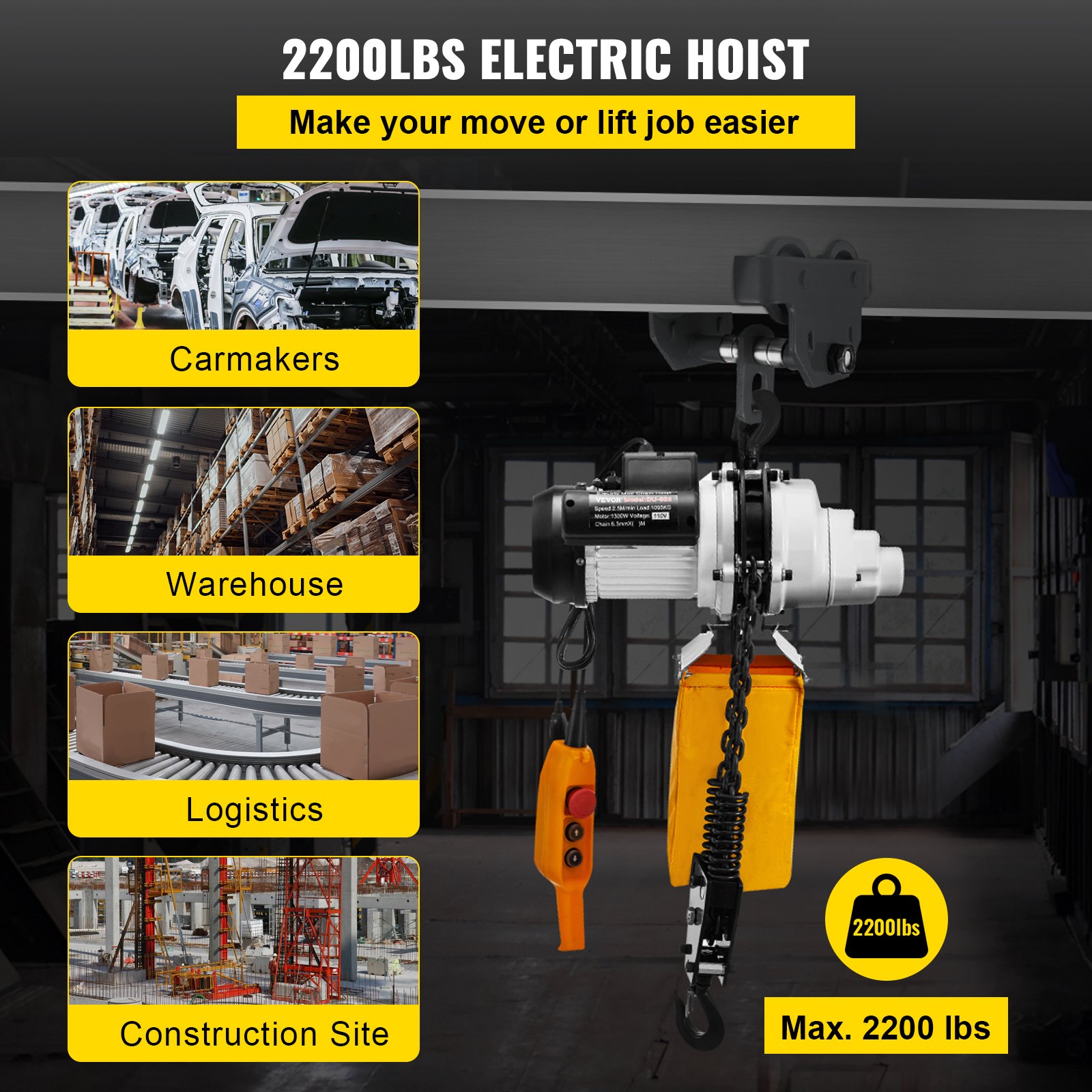 VEVOR Polipasto de cadena eléctrico Elevador de grúa monofásico 2200 lbs 1 tonelada Carga 10 pies Elevación