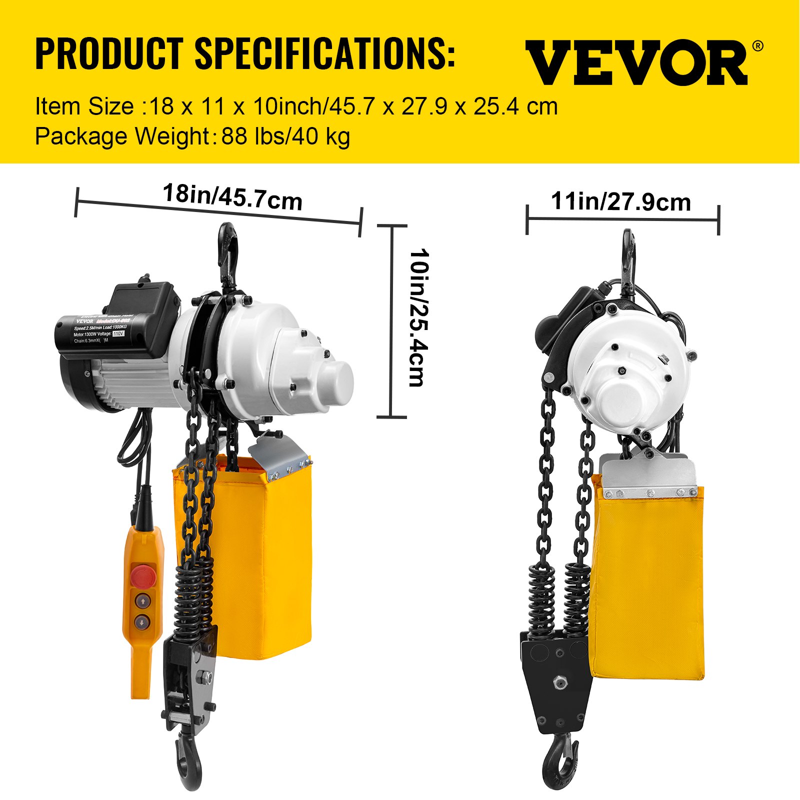 VEVOR Polipasto de cadena eléctrico Elevador de grúa monofásico 2200 lbs 1 tonelada Carga 10 pies Elevación