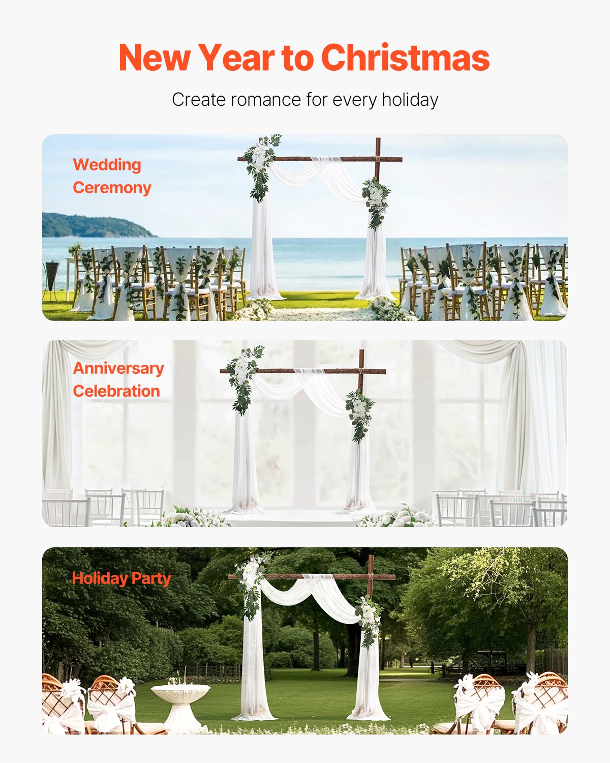 VEVOR Kit de arcos de flores artificiales para bodas (paquete de 3) con tela para drapear arcos de bodas de 21 pies, flores de arco para ceremonias de bodas y telón de fondo de recepción, decoración de bodas (blanco)