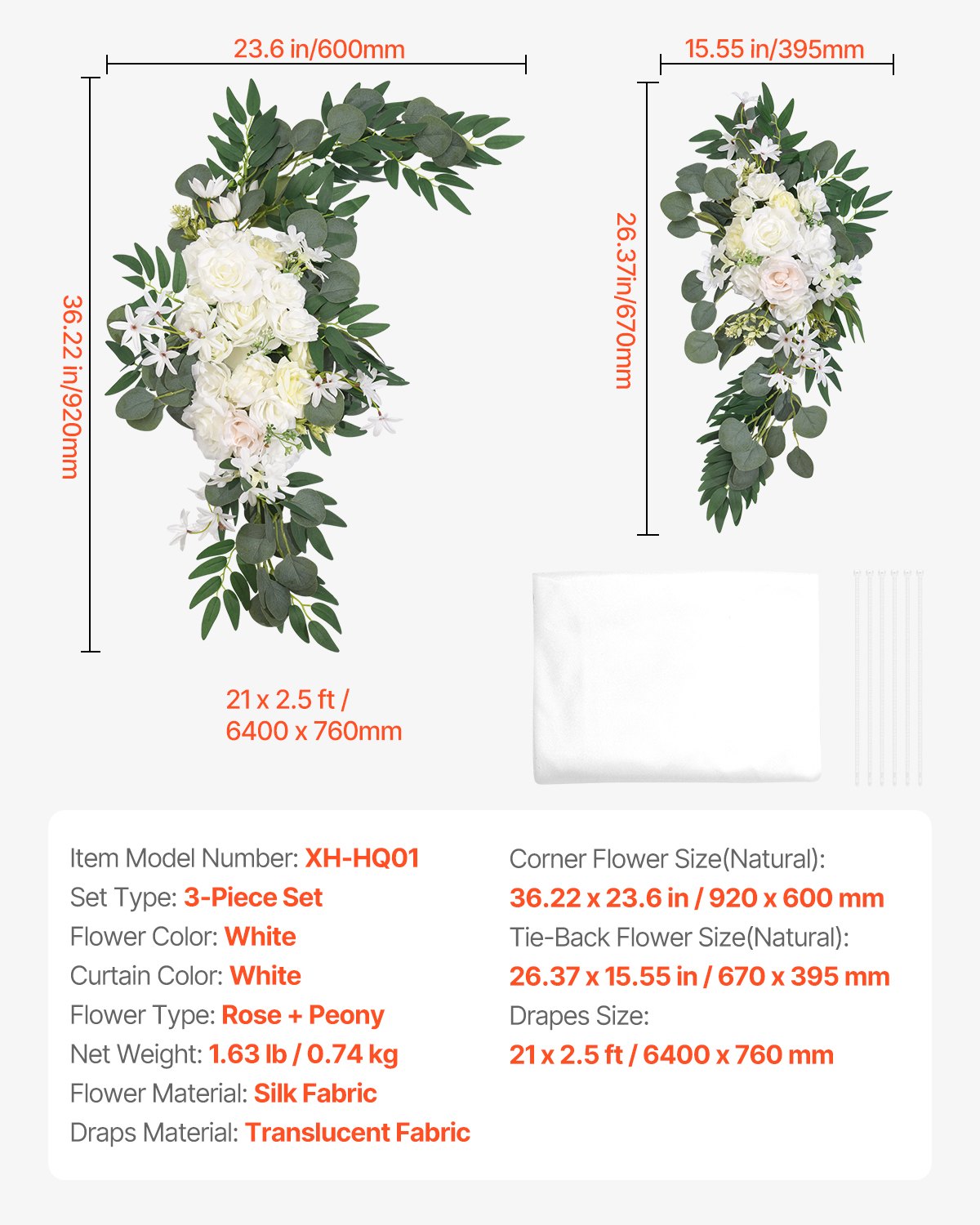 VEVOR Kit de arcos de flores artificiales para bodas (paquete de 3) con tela para drapear arcos de bodas de 21 pies, flores de arco para ceremonias de bodas y telón de fondo de recepción, decoración de bodas (blanco)