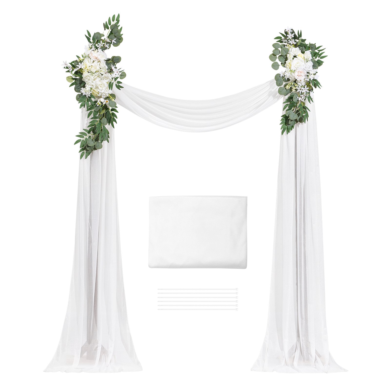 VEVOR Kit de arcos de flores artificiales para bodas (paquete de 3) con tela para drapear arcos de bodas de 21 pies, flores de arco para ceremonias de bodas y telón de fondo de recepción, decoración de bodas (blanco)