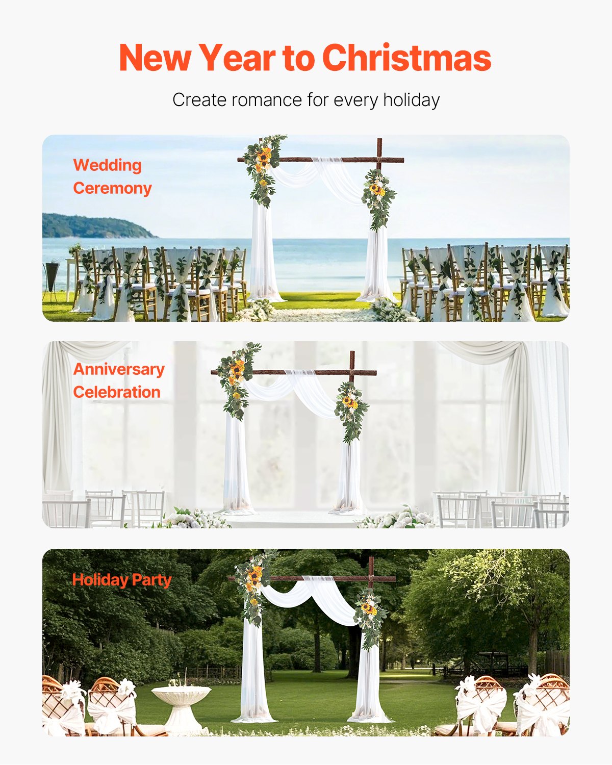 VEVOR Kit de arcos de flores artificiales para bodas (paquete de 3) con tela para drapear arcos de bodas de 21 pies, flores de arco para ceremonias de bodas y telón de fondo de recepción, decoración de bodas (girasol)