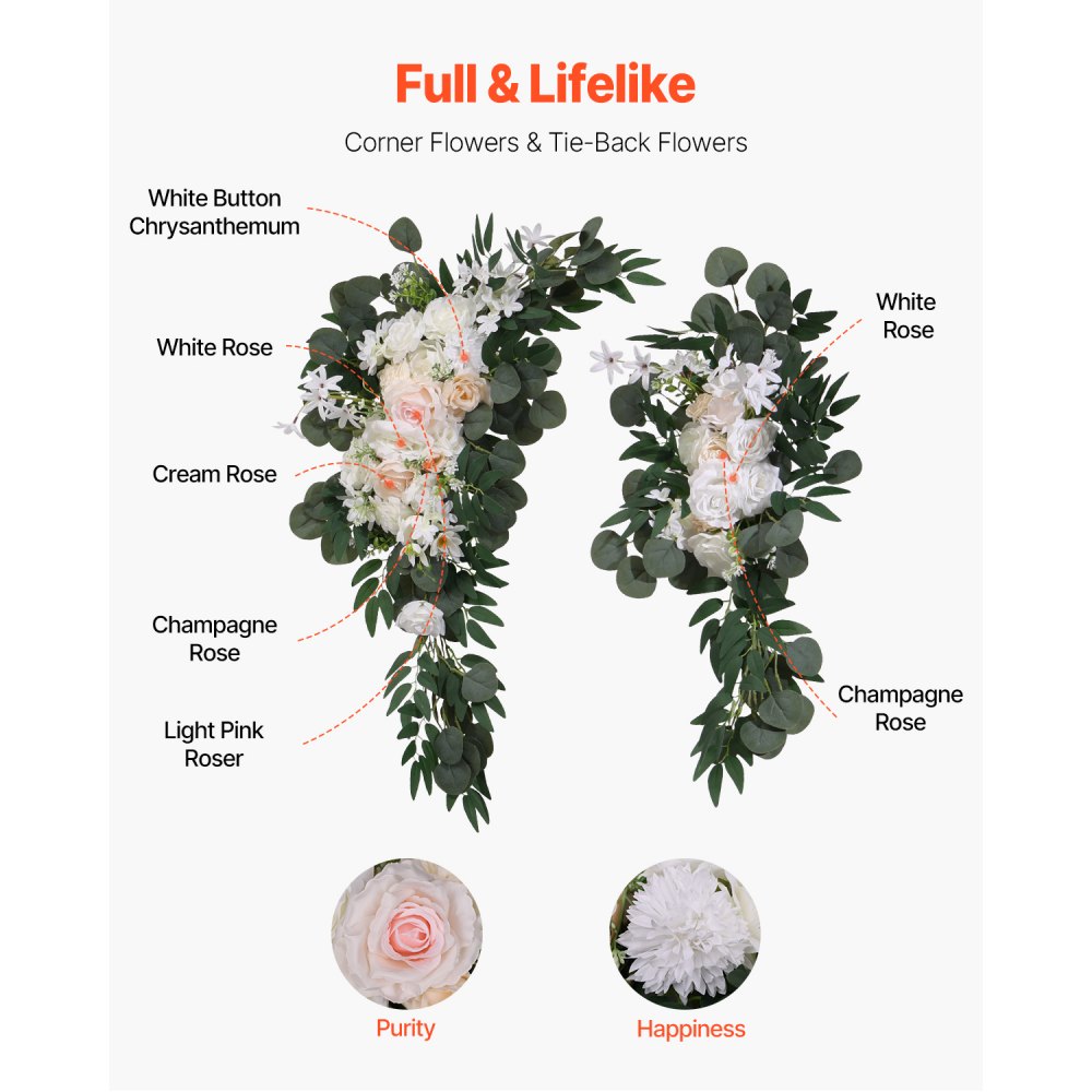 VEVOR Kit de arcos de flores artificiales para bodas (paquete de 4) con tela para drapear arcos de bodas de 21 pies, flores de arco para ceremonias de bodas y telón de fondo de recepción, decoración de bodas (blanco)