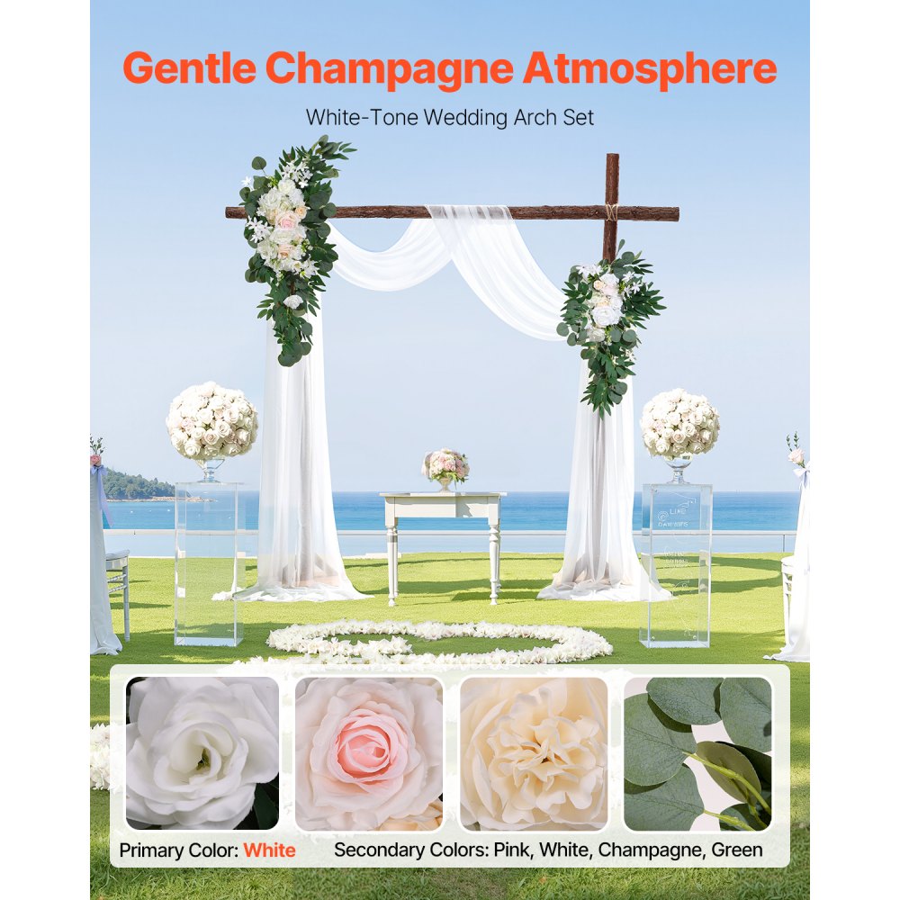 VEVOR Kit de arcos de flores artificiales para boda, arcos de flores blancas con cortinas (paquete de 4) - 2 arreglos florales, 2 cortinas transparentes, para ramos de ceremonia, decoración de fondo de recepción
