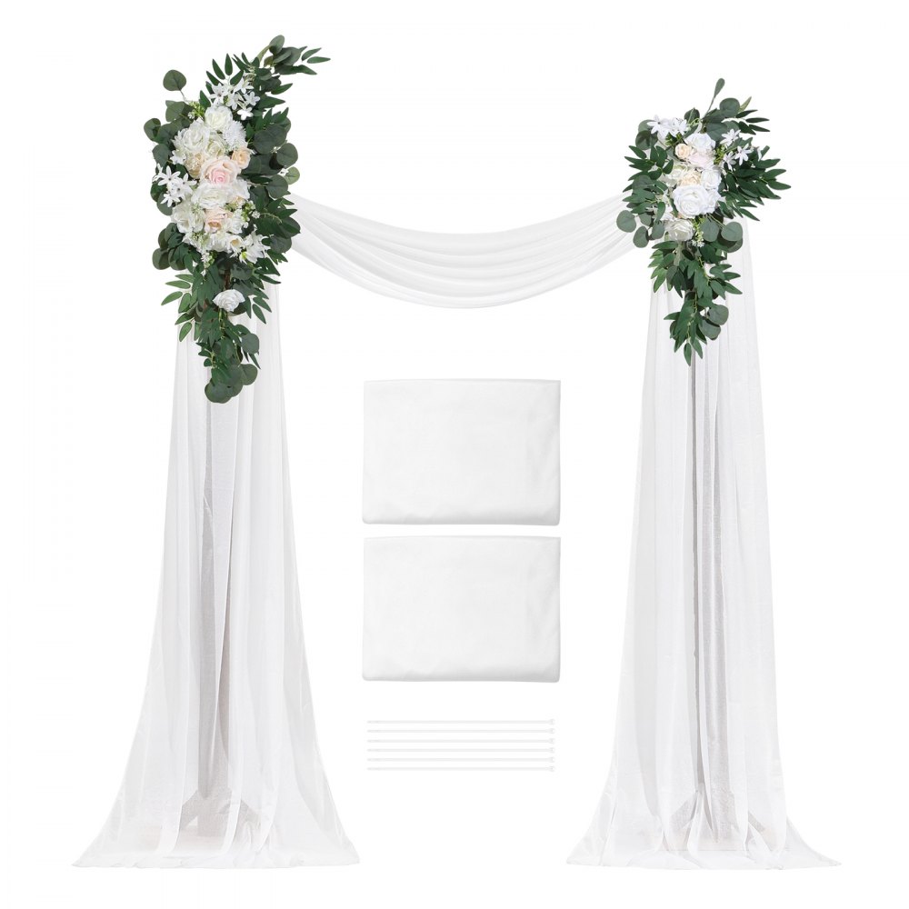 VEVOR Kit de arcos de flores artificiales para boda, arcos de flores blancas con cortinas (paquete de 4) - 2 arreglos florales, 2 cortinas transparentes, para ramos de ceremonia, decoración de fondo de recepción