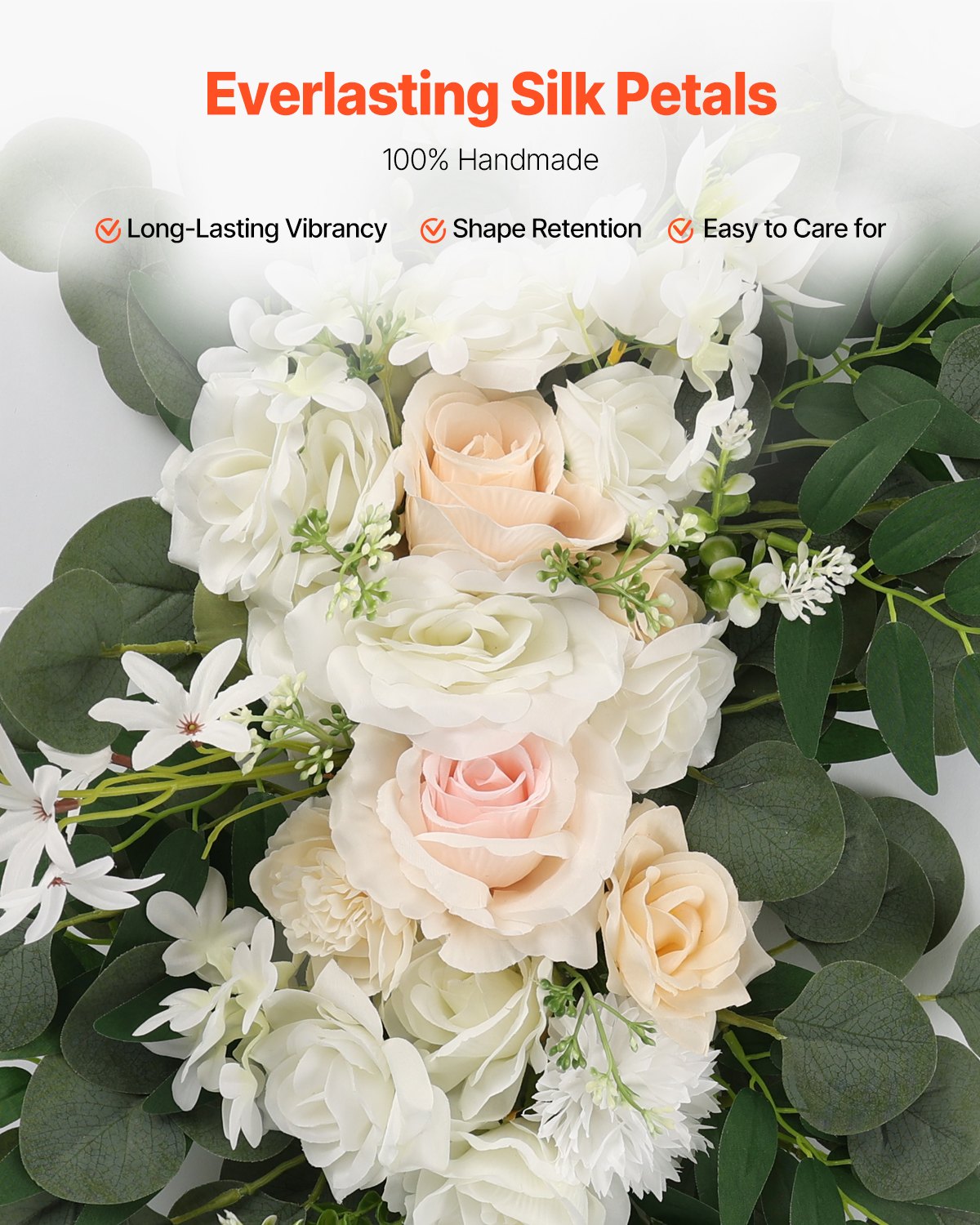 VEVOR Kit de arcos de flores artificiales para bodas (paquete de 4) con tela para drapear arcos de bodas de 21 pies, flores de arco para ceremonias de bodas y telón de fondo de recepción, decoración de bodas (blanco)