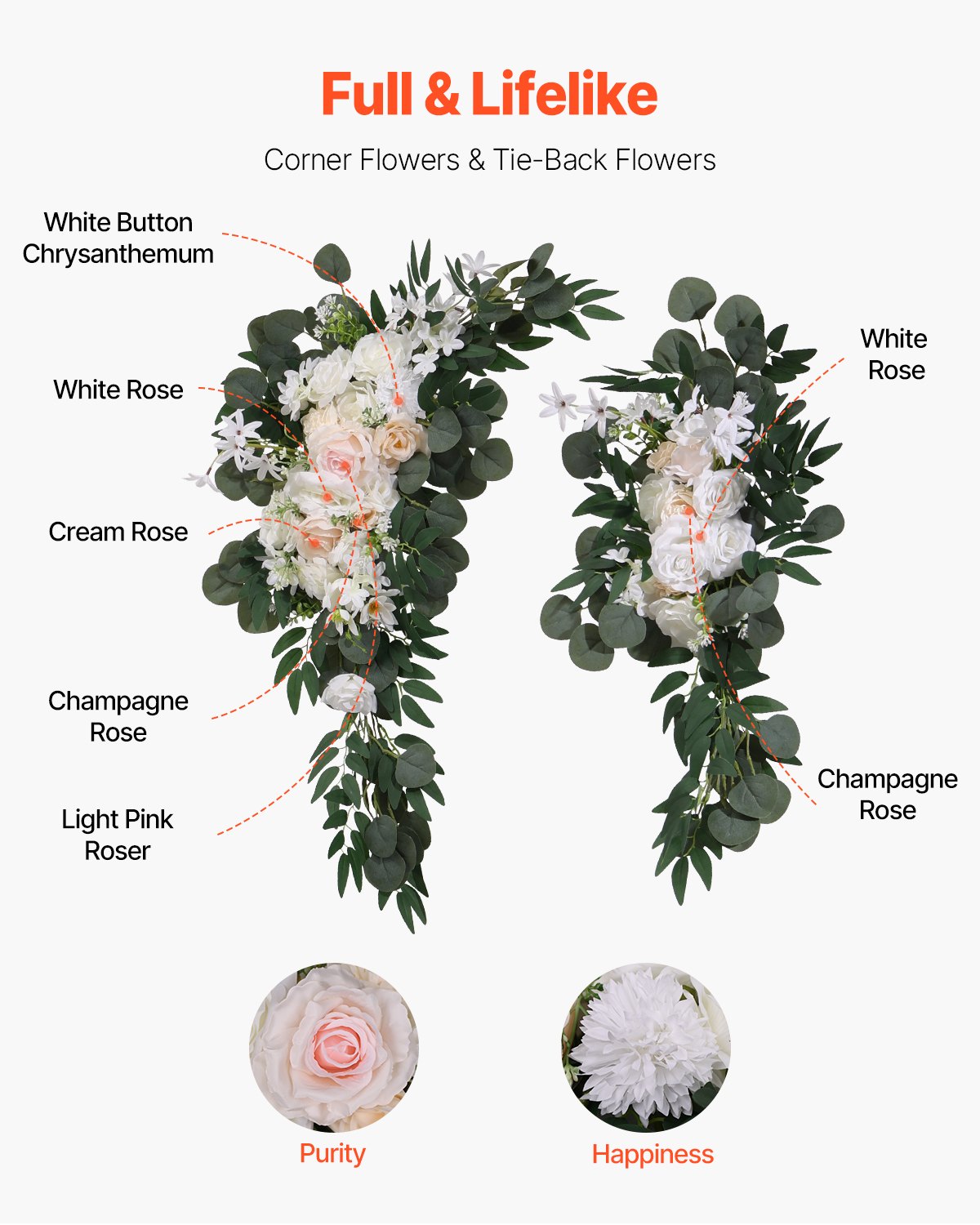 VEVOR Kit de arcos de flores artificiales para bodas (paquete de 4) con tela para drapear arcos de bodas de 21 pies, flores de arco para ceremonias de bodas y telón de fondo de recepción, decoración de bodas (blanco)