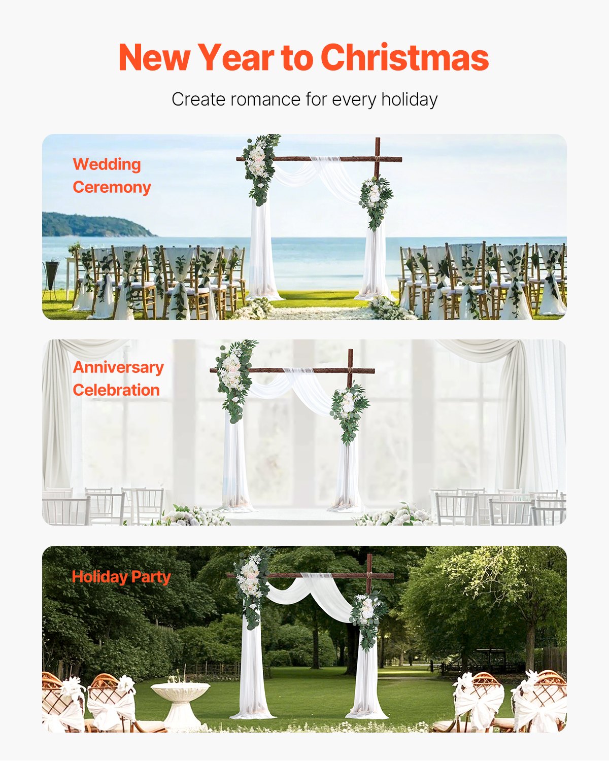 VEVOR Kit de arcos de flores artificiales para bodas (paquete de 4) con tela para drapear arcos de bodas de 21 pies, flores de arco para ceremonias de bodas y telón de fondo de recepción, decoración de bodas (blanco)