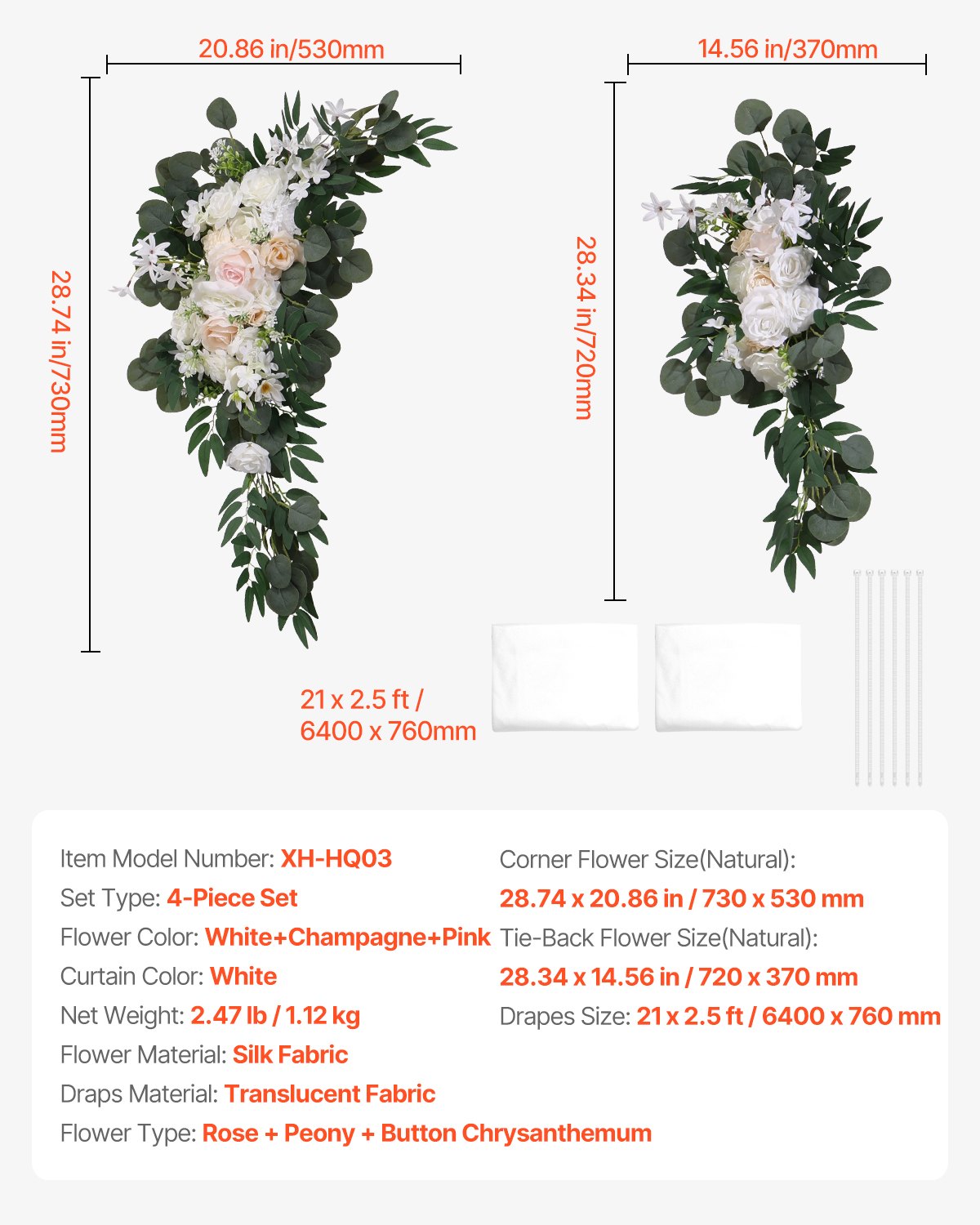 VEVOR Kit de arcos de flores artificiales para bodas (paquete de 4) con tela para drapear arcos de bodas de 21 pies, flores de arco para ceremonias de bodas y telón de fondo de recepción, decoración de bodas (blanco)
