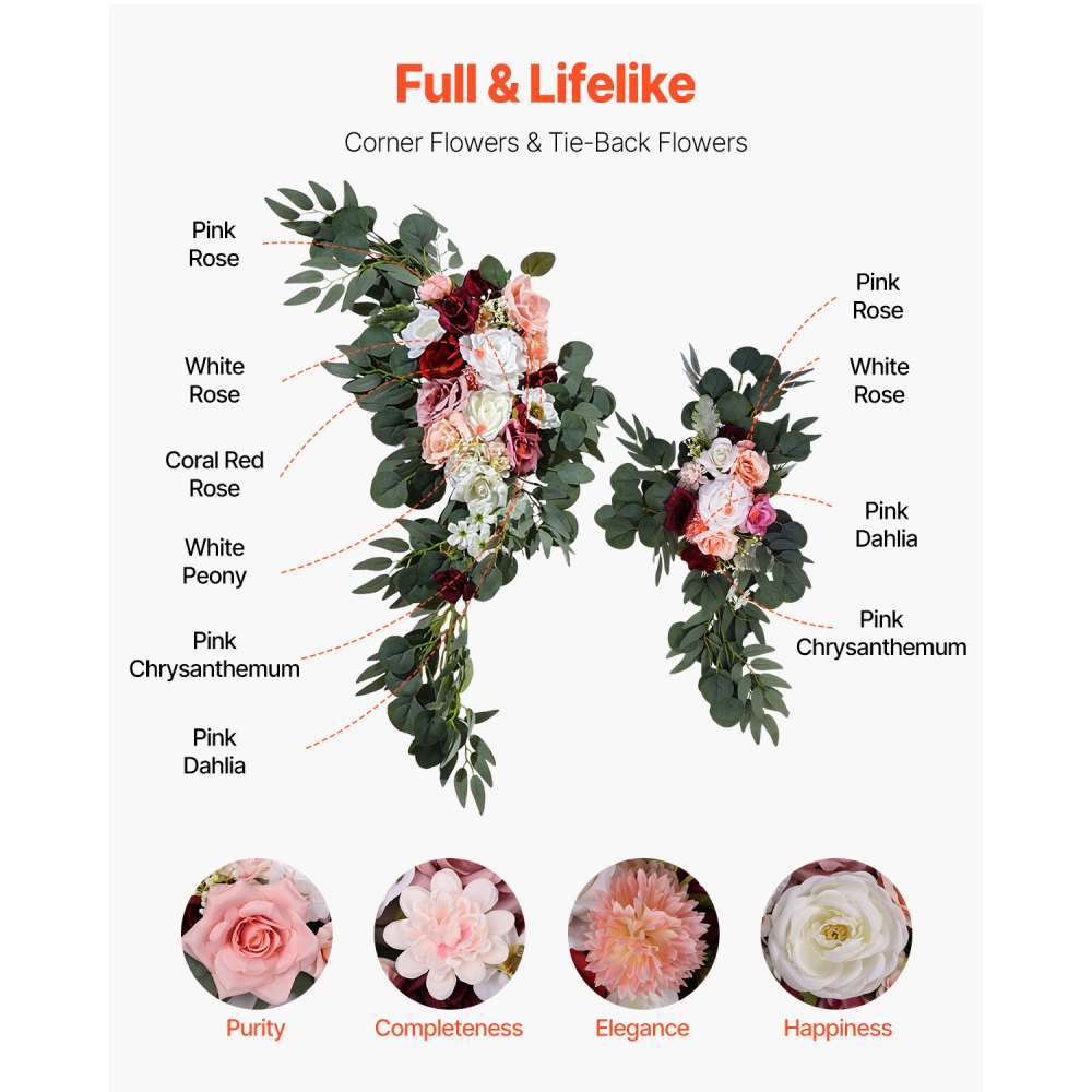 VEVOR Kit de arcos de flores artificiales para boda, arcos de flores rosas con cortinas (paquete de 4) - 2 arreglos florales, 2 cortinas transparentes, para ramos de ceremonia, decoración de fondo de recepción