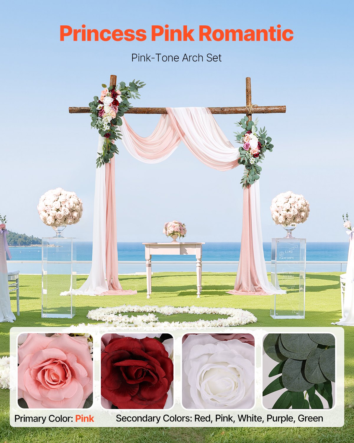 VEVOR Kit de arcos de flores artificiales para boda, arcos de flores rosas con cortinas (paquete de 4) - 2 arreglos florales, 2 cortinas transparentes, para ramos de ceremonia, decoración de fondo de recepción