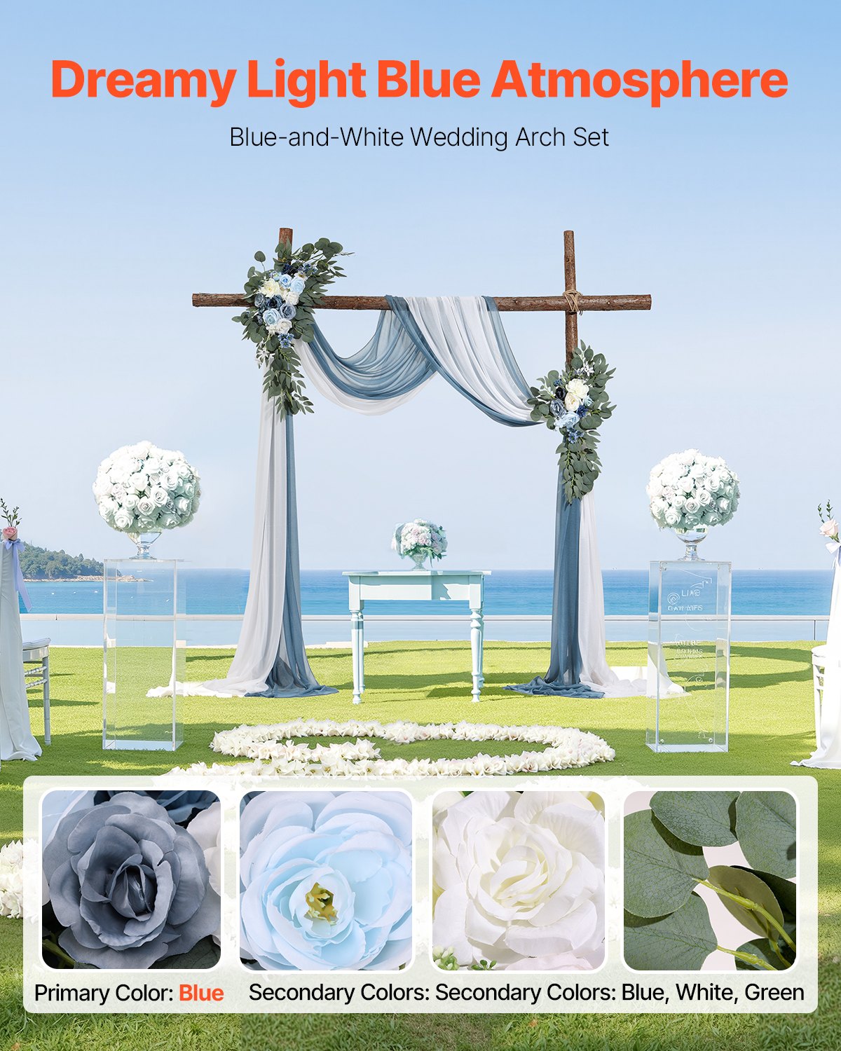 VEVOR Kit de arcos de flores artificiales para bodas (paquete de 4) con tela para drapear arcos de bodas de 21 pies, flores de arco para ceremonias de bodas y telón de fondo de recepción, decoración de bodas (azul y blanco)