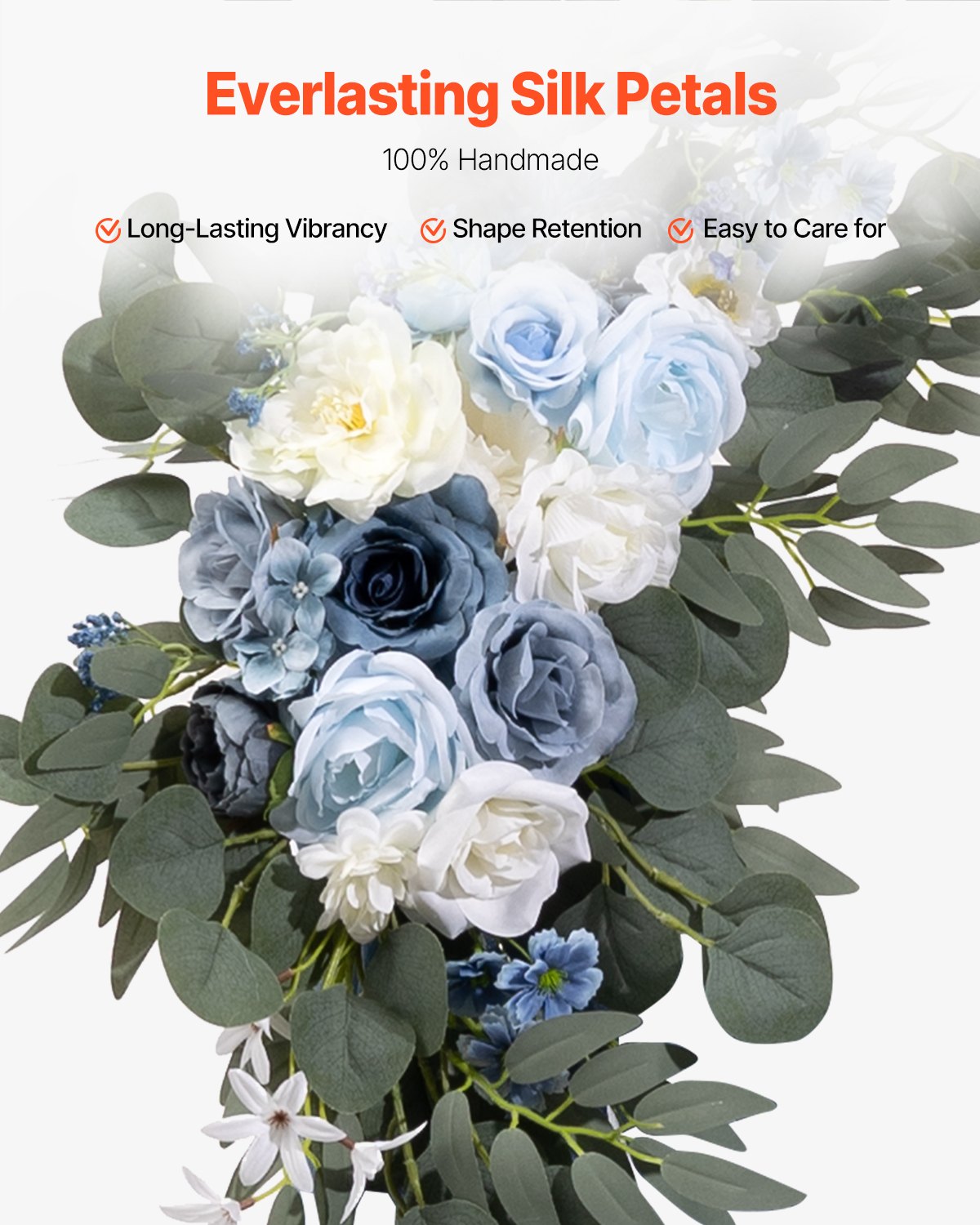 VEVOR Kit de arcos de flores artificiales para bodas (paquete de 4) con tela para drapear arcos de bodas de 21 pies, flores de arco para ceremonias de bodas y telón de fondo de recepción, decoración de bodas (azul y blanco)
