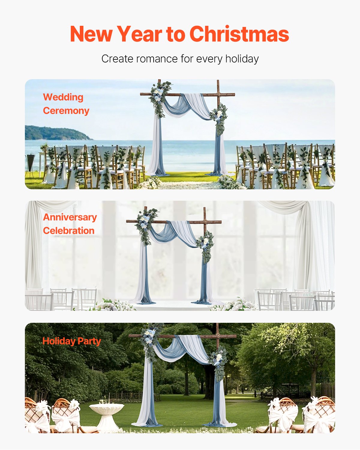 VEVOR Kit de arcos de flores artificiales para bodas (paquete de 4) con tela para drapear arcos de bodas de 21 pies, flores de arco para ceremonias de bodas y telón de fondo de recepción, decoración de bodas (azul y blanco)