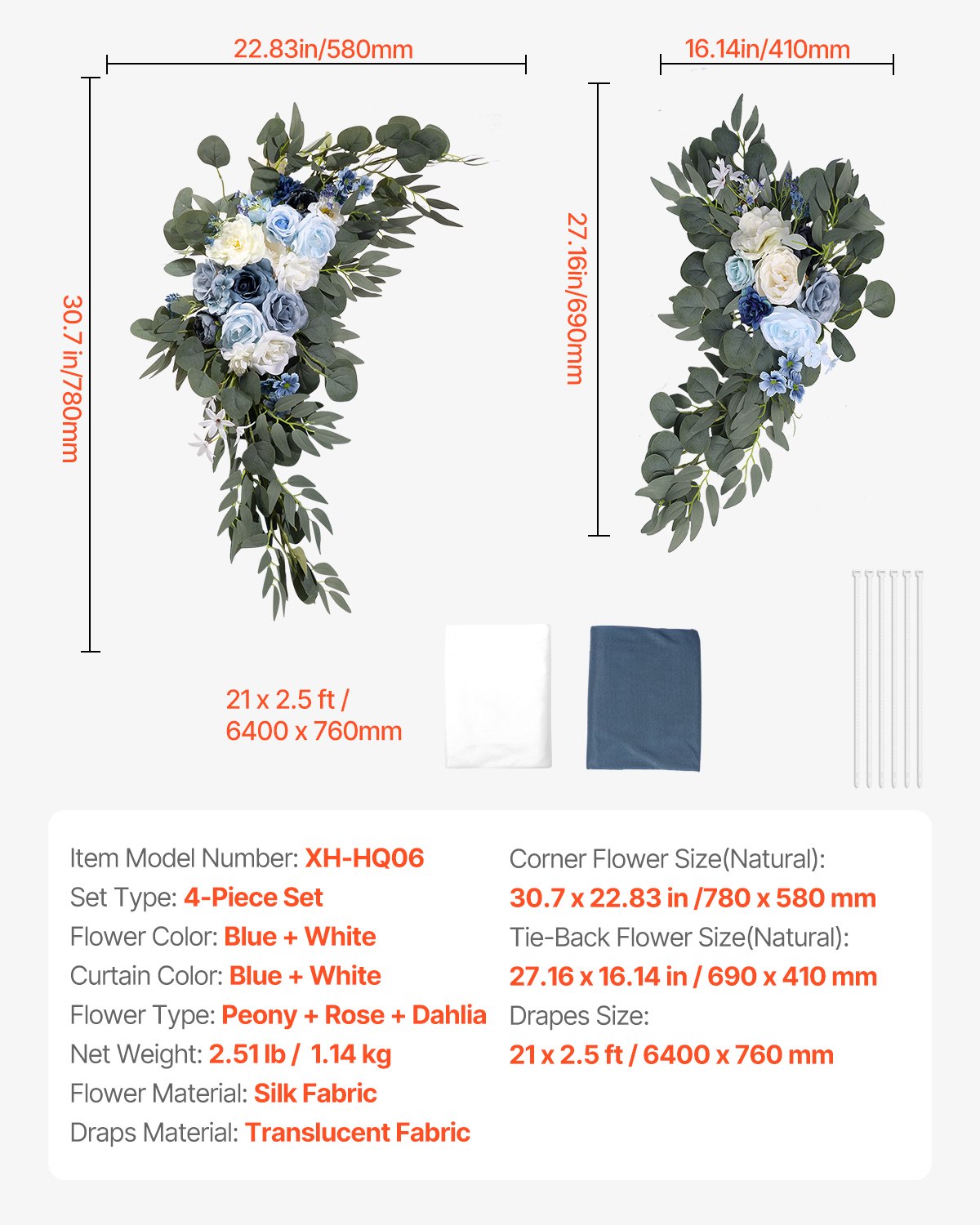 VEVOR Kit de arcos de flores artificiales para bodas (paquete de 4) con tela para drapear arcos de bodas de 21 pies, flores de arco para ceremonias de bodas y telón de fondo de recepción, decoración de bodas (azul y blanco)