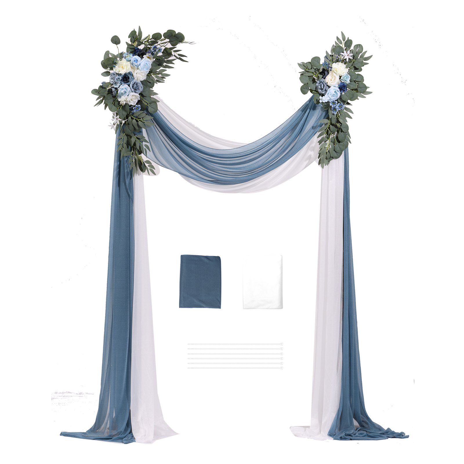 VEVOR Kit de arcos de flores artificiales para bodas (paquete de 4) con tela para drapear arcos de bodas de 21 pies, flores de arco para ceremonias de bodas y telón de fondo de recepción, decoración de bodas (azul y blanco)