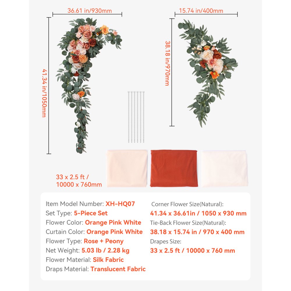 VEVOR Kit de arcos de flores artificiales para bodas (paquete de 5) con tela para drapear arcos de bodas de 33 pies, flores de arco para ceremonias de bodas y telón de fondo de recepción, decoración de bodas (naranja)