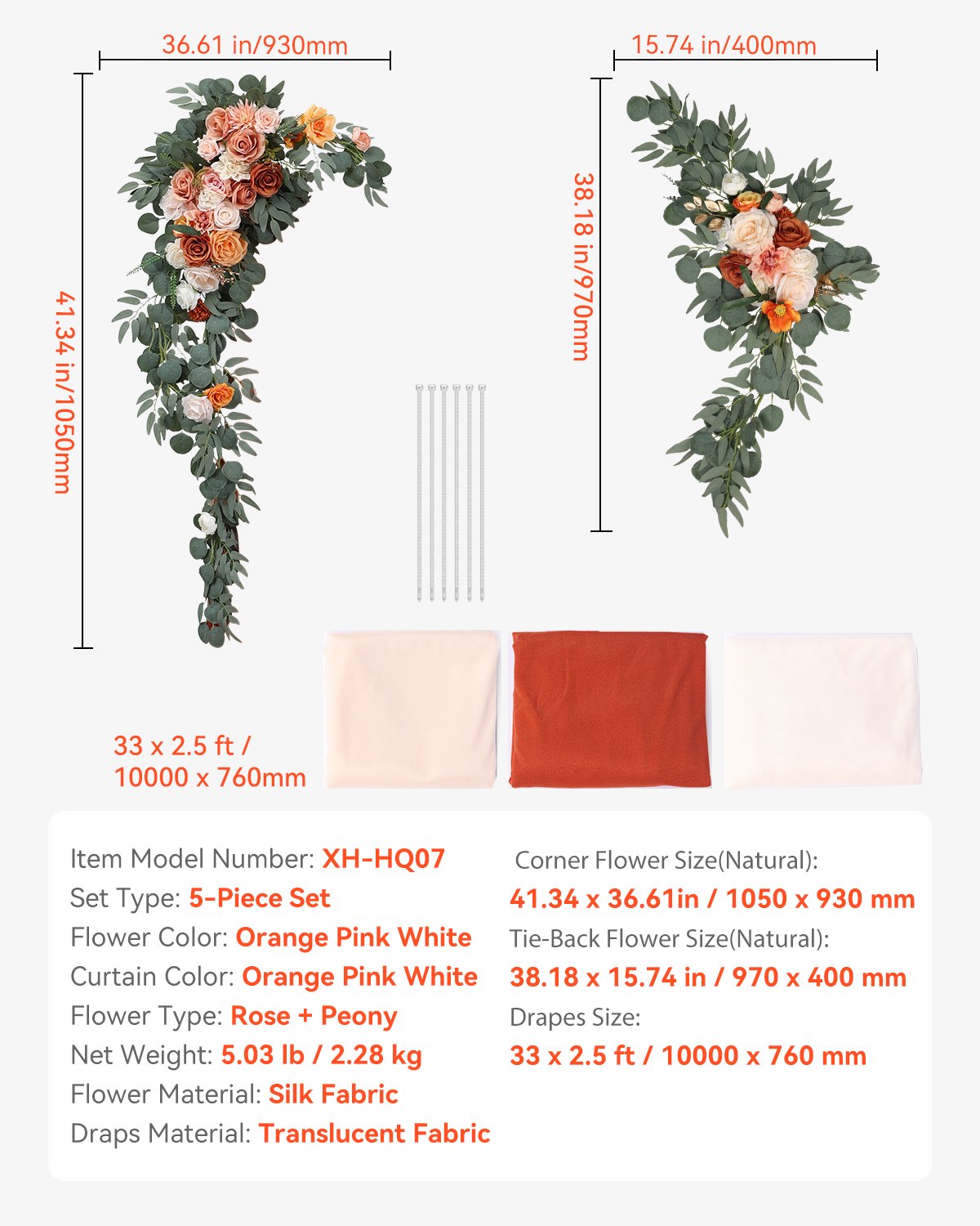 VEVOR Kit de arcos de flores artificiales para bodas (paquete de 5) con tela para drapear arcos de bodas de 33 pies, flores de arco para ceremonias de bodas y telón de fondo de recepción, decoración de bodas (naranja)
