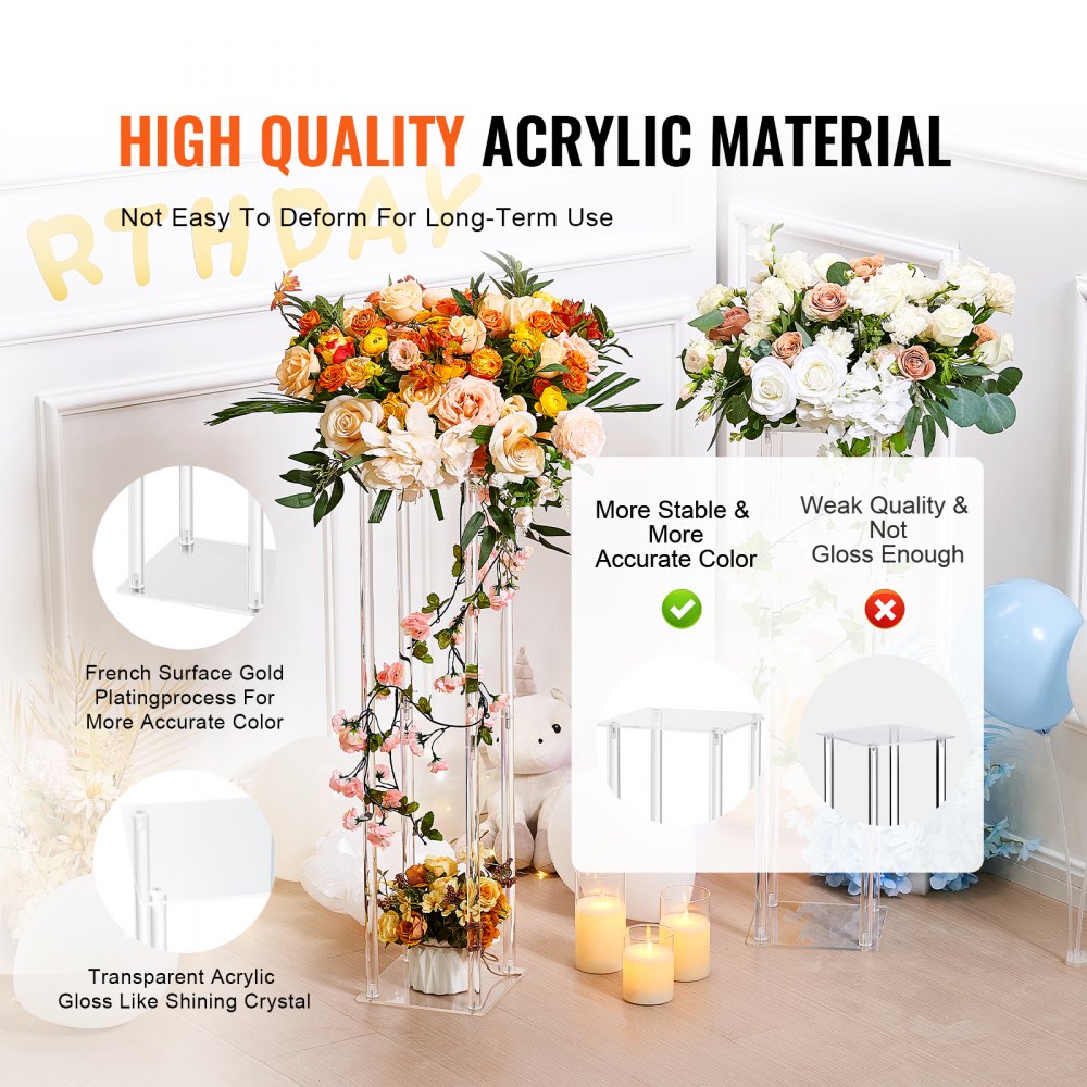 Soporte de flores para bodas VEVOR con material acrílico, base transparente y arreglos florales en un entorno decorado.