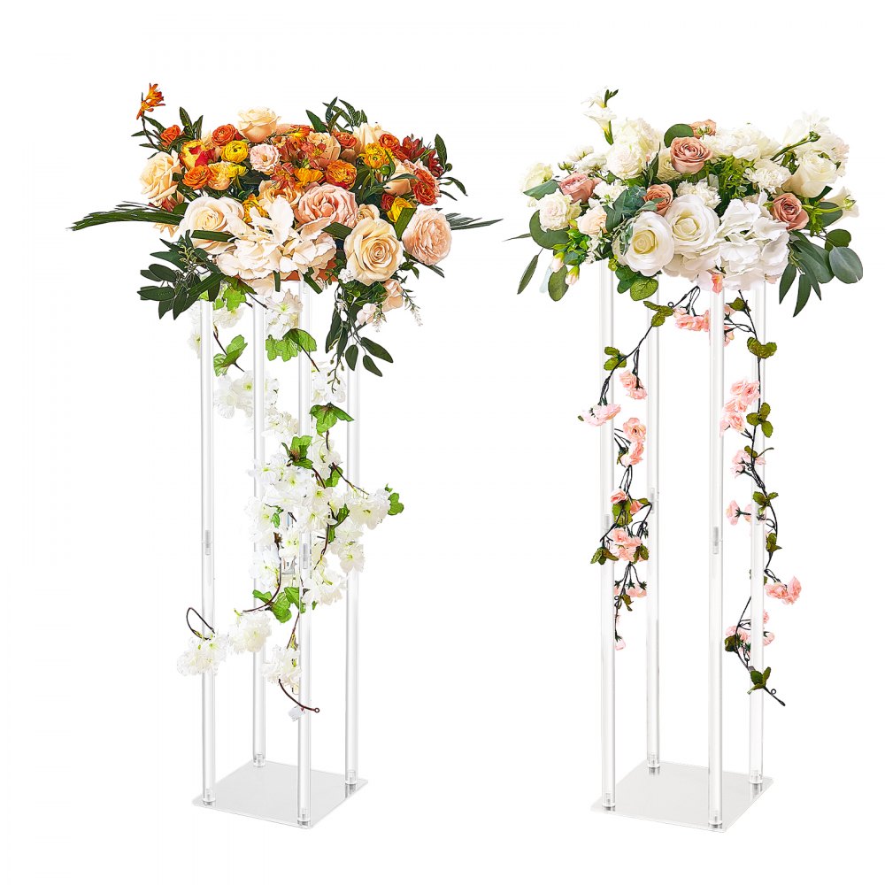 Soporte de flores para bodas VEVOR blanco con arreglos florales vibrantes en rosa, naranja y blanco.