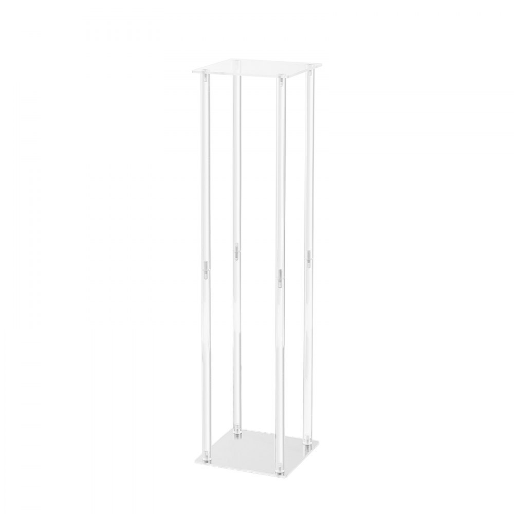 Soporte de flores para bodas VEVOR de acrílico transparente con diseño minimalista, con cuatro postes verticales delgados.
