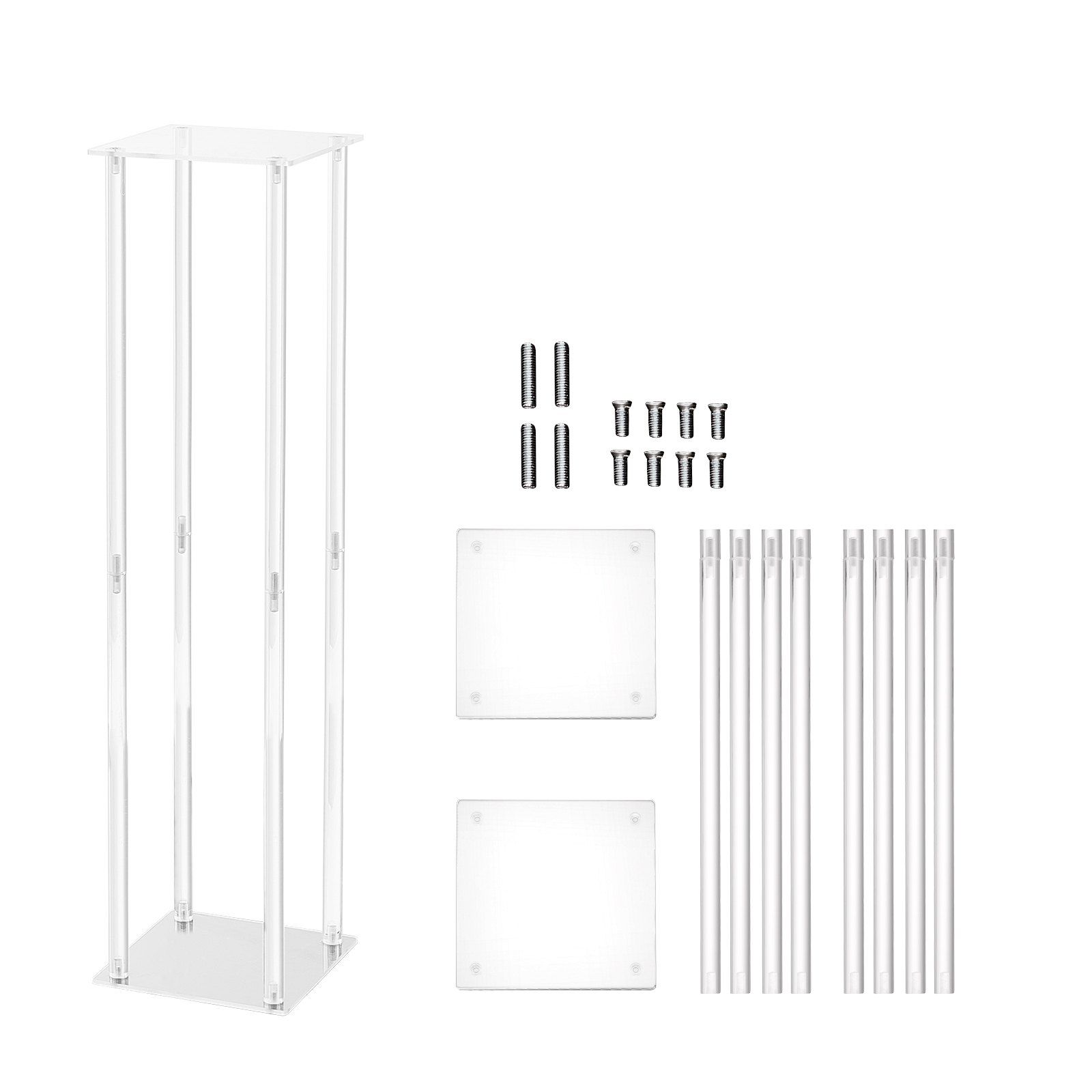 Soporte de flores para bodas VEVOR con paneles acrílicos transparentes, tornillos y varillas de montaje sobre fondo blanco.
