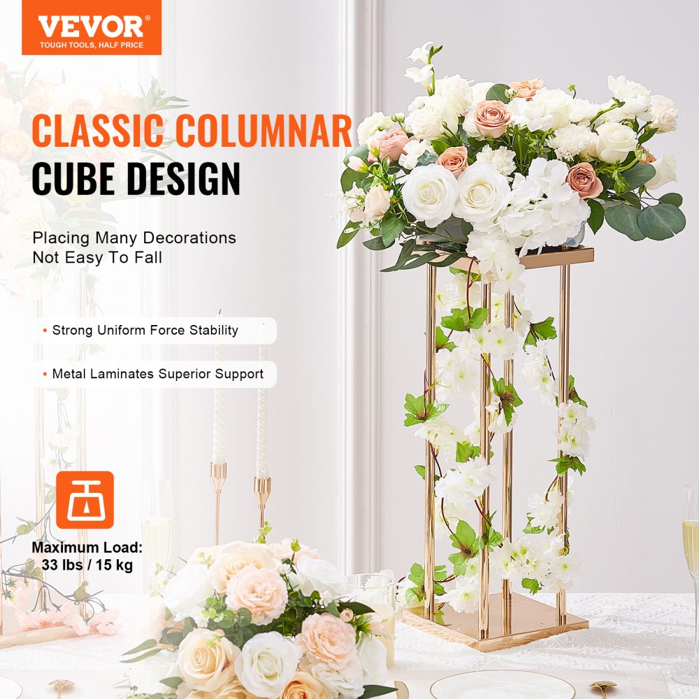 VEVOR 4PCS Soporte de flores de columna de metal dorado para bodas, 23.6 pulgadas de alto con laminado de metal, soportes geométricos para jarrones de centros de mesa, estante cilíndrico de exhibición floral para recepciones de eventos, guías para fiestas