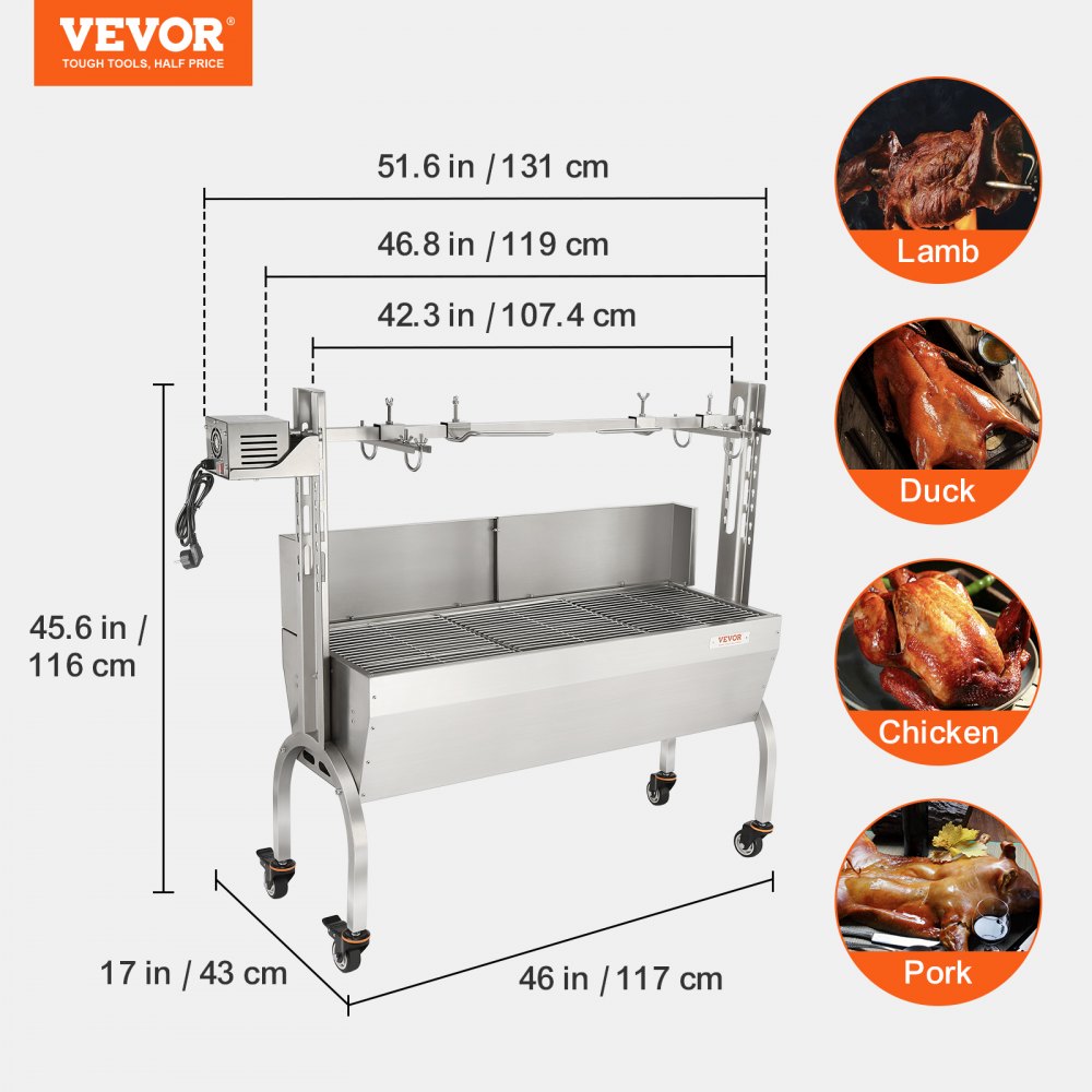 VEVOR - Asador de acero inoxidable con parabrisas, asador de carbón para cerdo, cordero y cabra, motor eléctrico de 50 W, 117 cm (46 pulgadas), capacidad de 60 kg (132 lb)