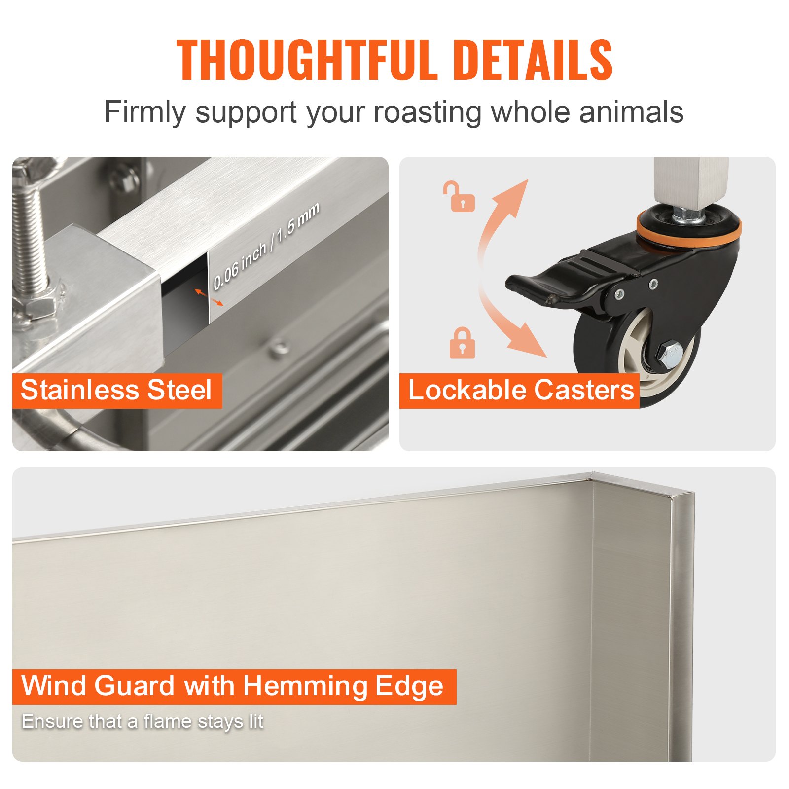 VEVOR - Asador de acero inoxidable con parabrisas, asador de carbón para cerdo, cordero y cabra, motor eléctrico de 50 W, 117 cm (46 pulgadas), capacidad de 60 kg (132 lb)