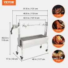 VEVOR Parrilla asadora de acero inoxidable, barbacoa de cerdo entero, cordero, cabra, parrilla de carbón, motor eléctrico de 50 W, asador de cerdo, sistema de asador de cordero de 46 pulgadas y 90 lib